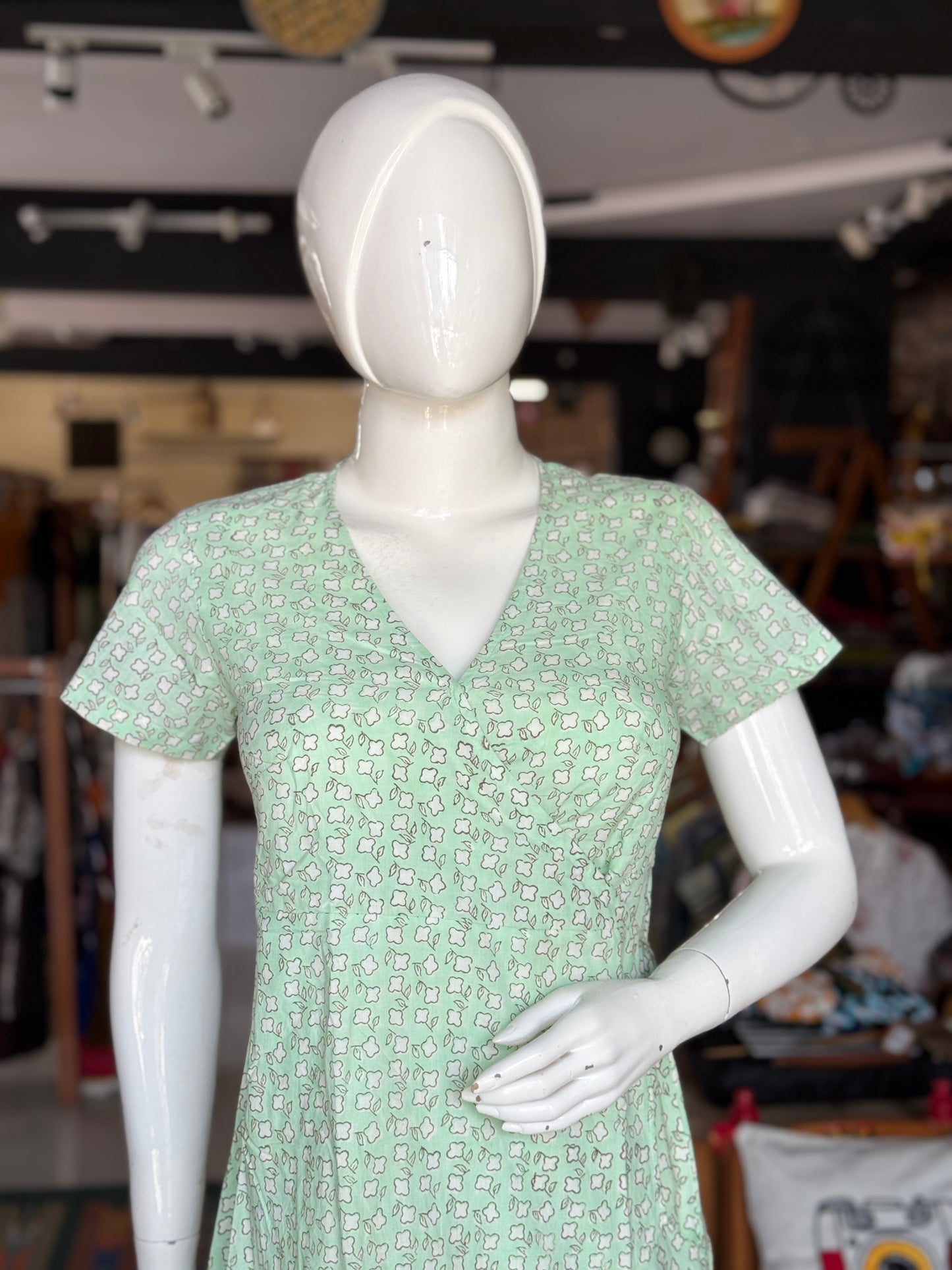Mint green hand block printed wrap style cotton dress