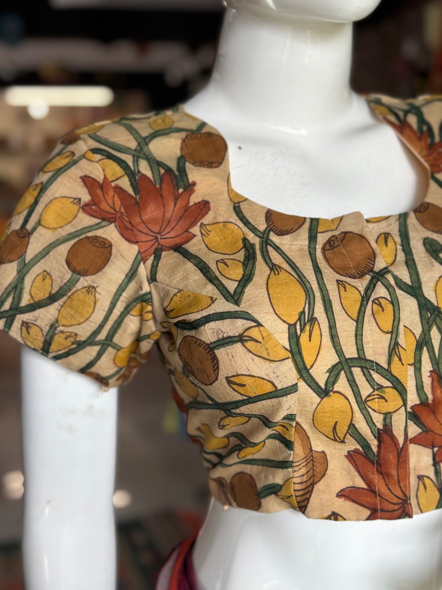Beige Pen Kalamkari hand painted silk blouse with short sleeves