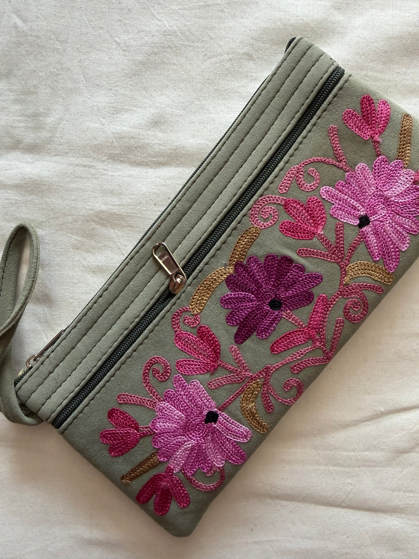 Wristlet pouch with Kashmiri floral Aari embroidery - 3 zippers - color options available