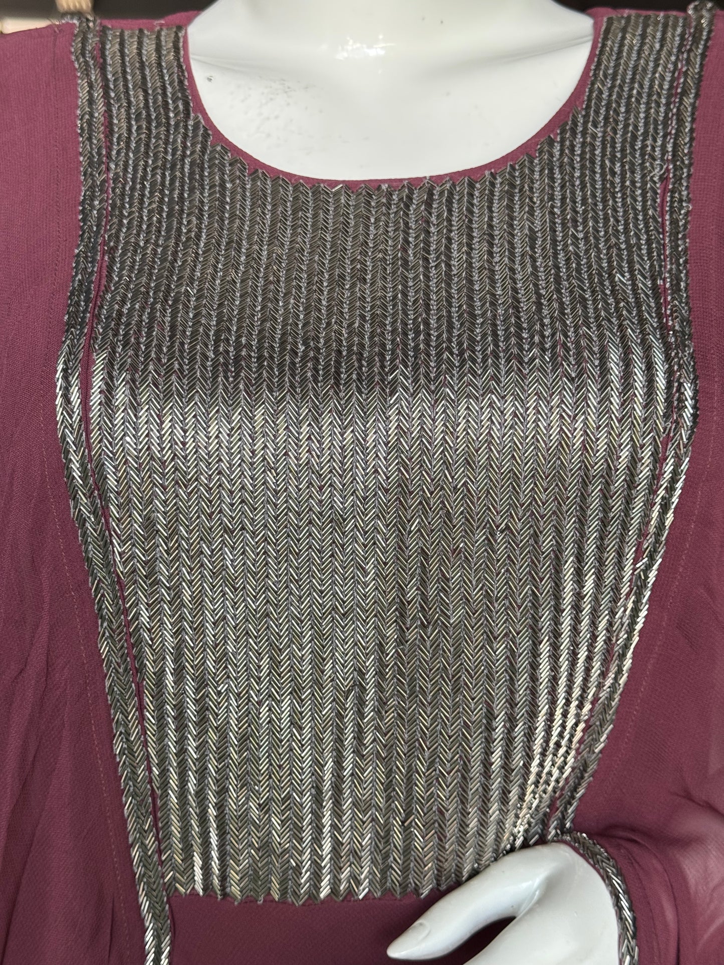 Georgette dress with attached drape and heavy front embroidery - party outfit