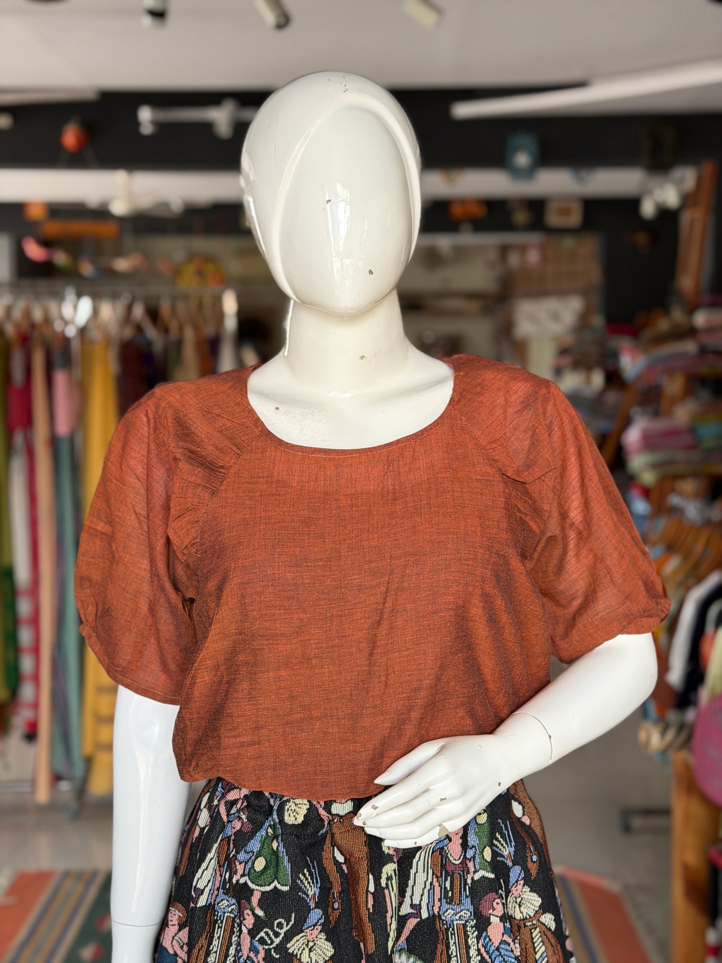 Brown soft mul handwoven cotton top with gathers near neck line