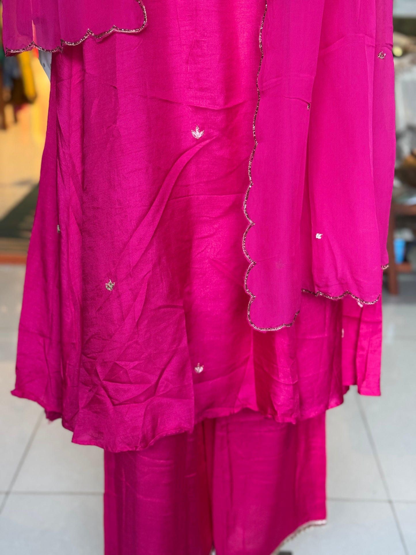 Bright pink dola silk hand embroidered 3 piece suit set with organza dupatta - festive wear set