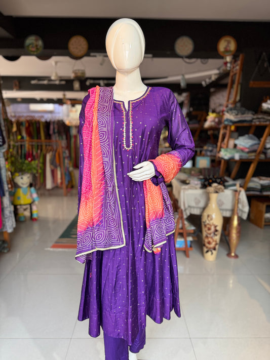 Violet silk cotton anarkali full sleeves 3 piece suit set with colorful dupatta- festive wear set