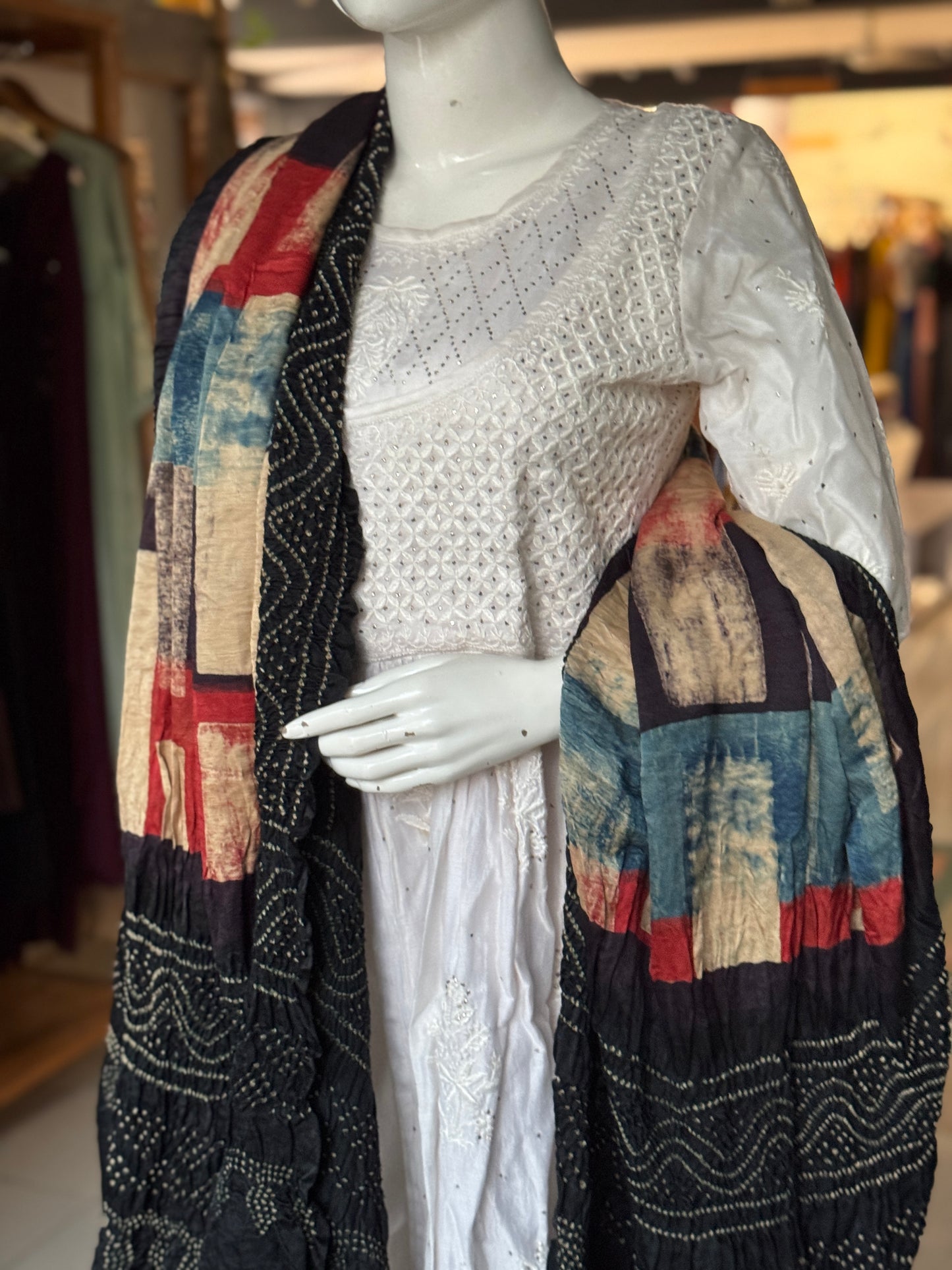 Ajrakh bandini tie dye gajji silk dupatta - fine Bandhej with hand block Ajrakh