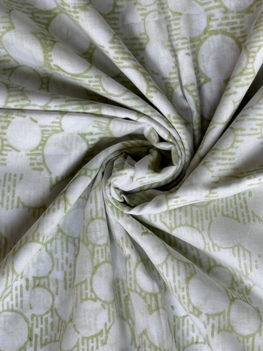 Green circles and lines hand block printed soft mul cotton fabric