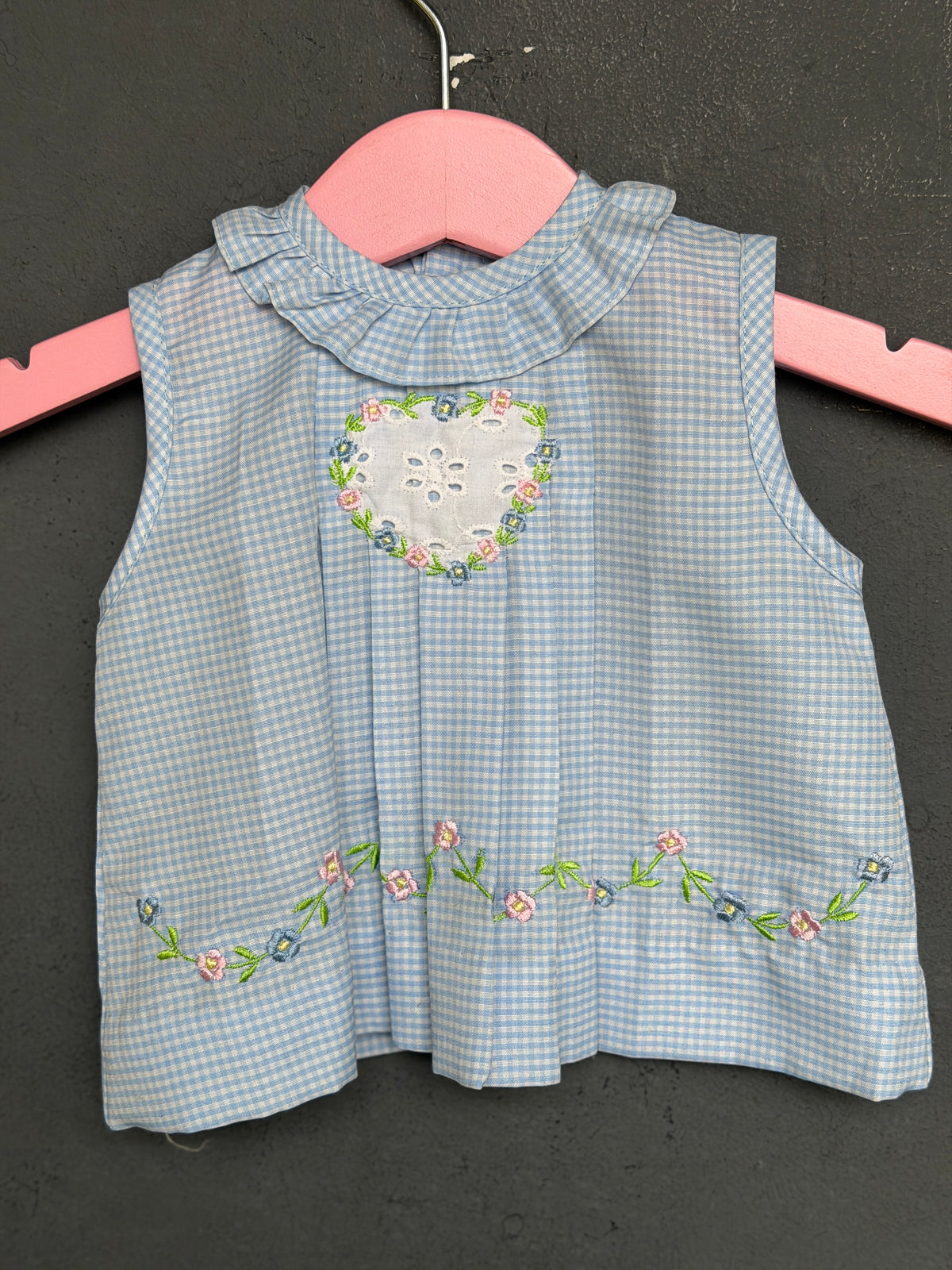 Blue checks cotton frock for new born girls with embroidery