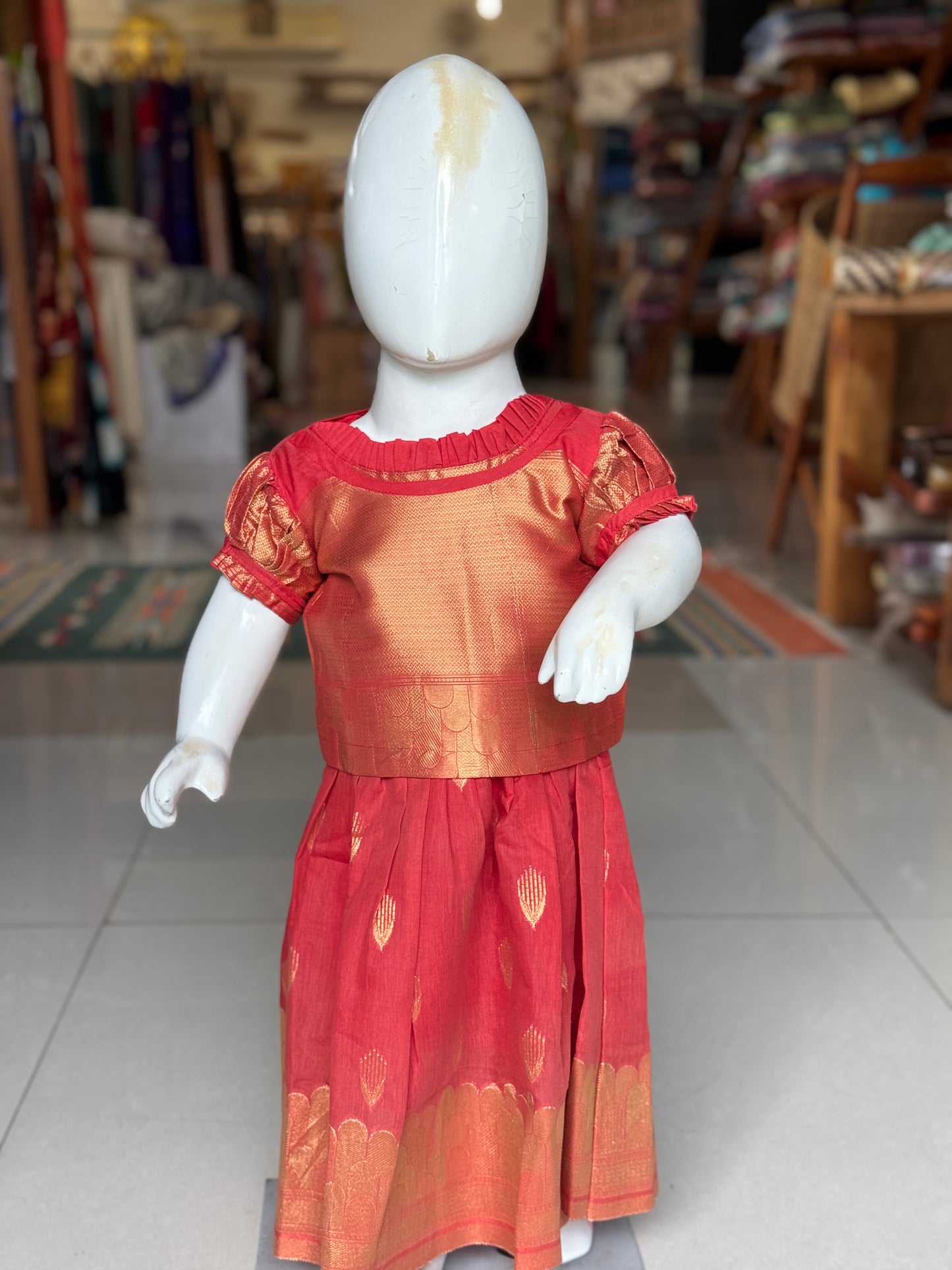 Red Banarasi cotton lehenga (langa jacket) with frill neckline blouse set