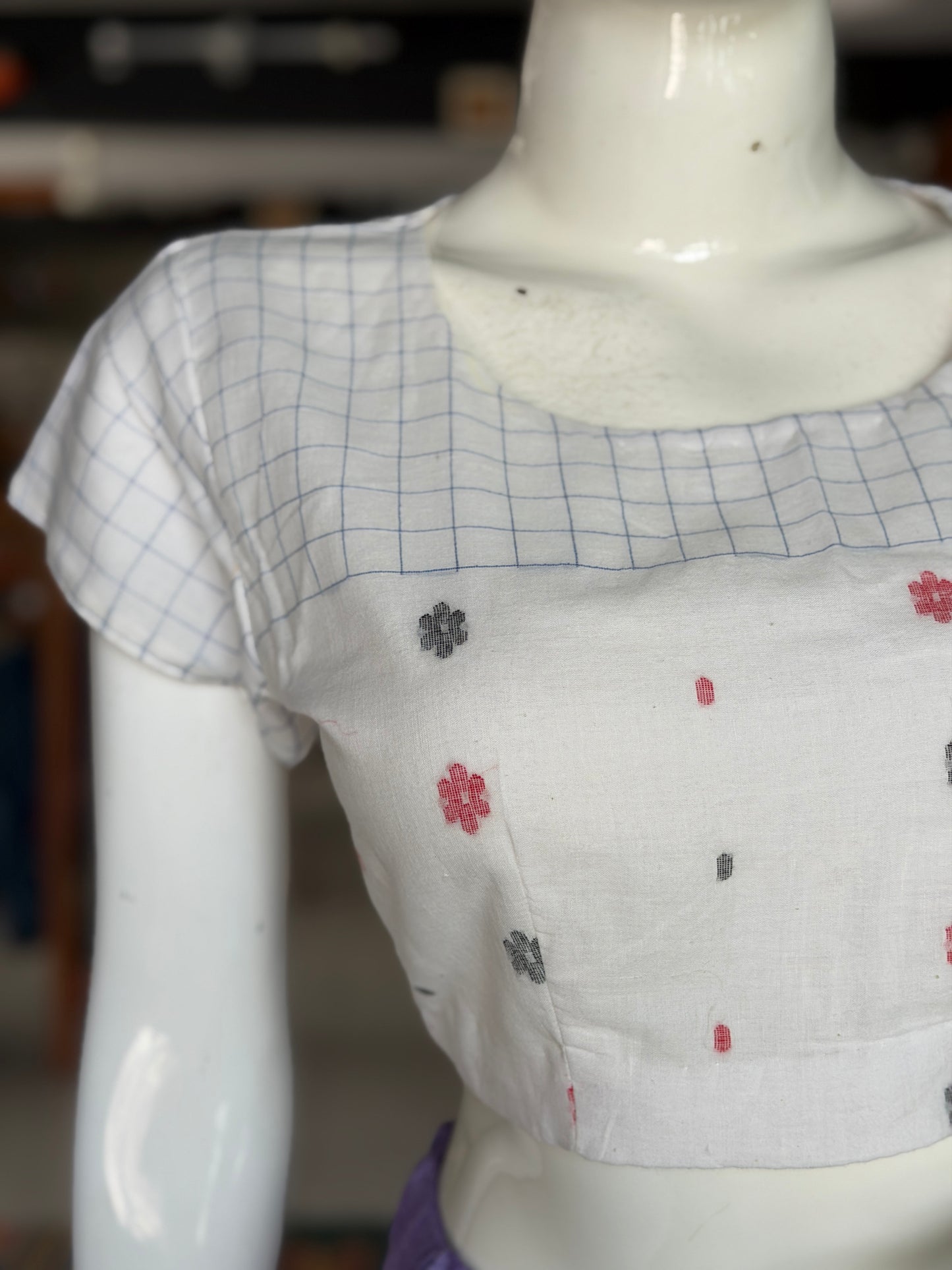 White n blue checks hand woven cotton Jamdani blouse with short sleeves