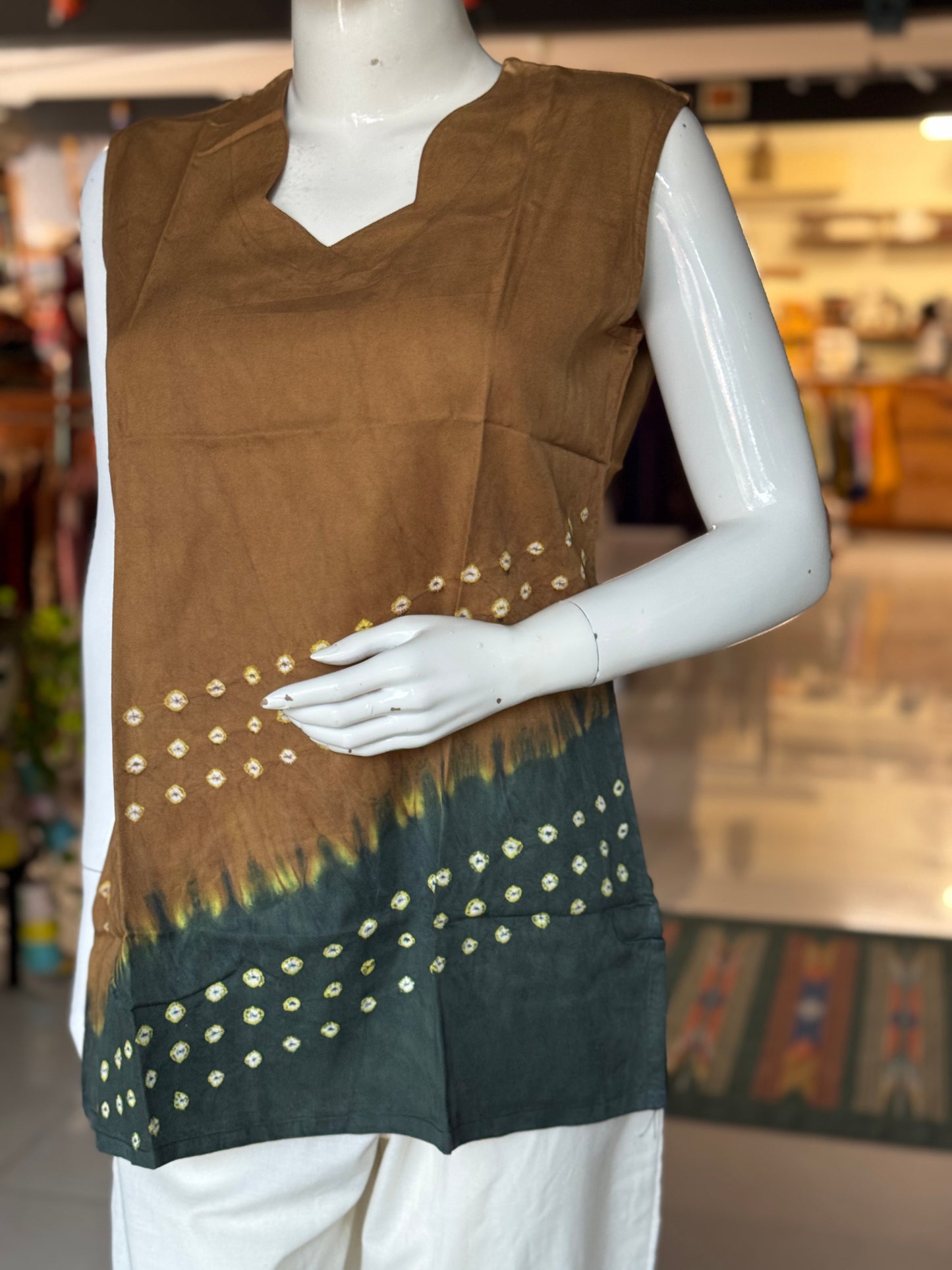 Sleeveless placement bandini tie n dye cotton tunic top / short kurti - multiple colors n designs available
