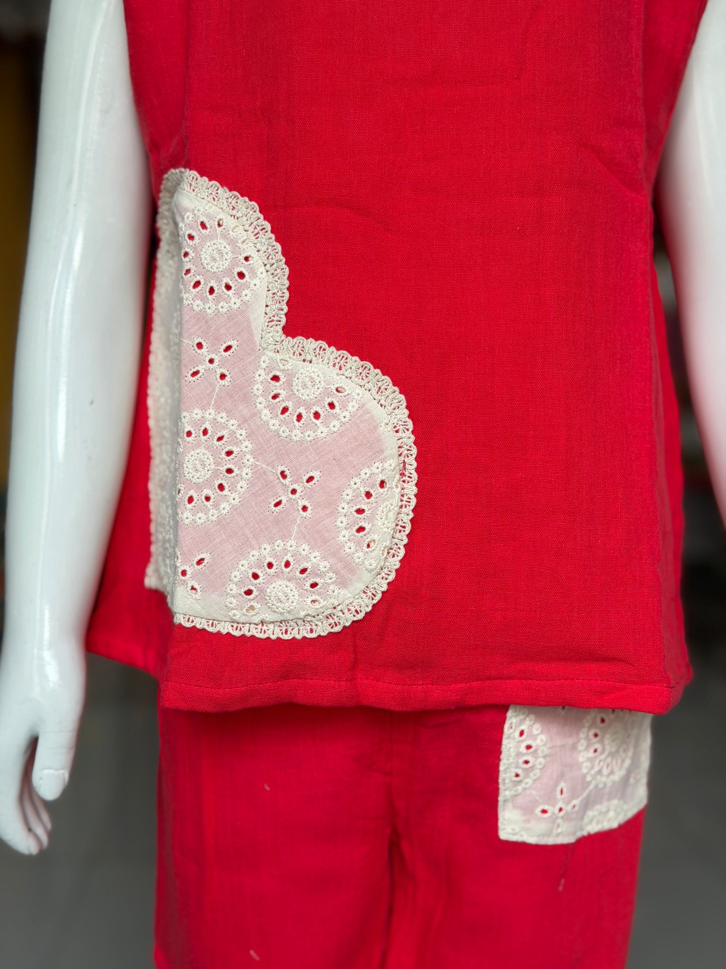 Red crop top pant coord set for girls with hakoba applique - double cotton