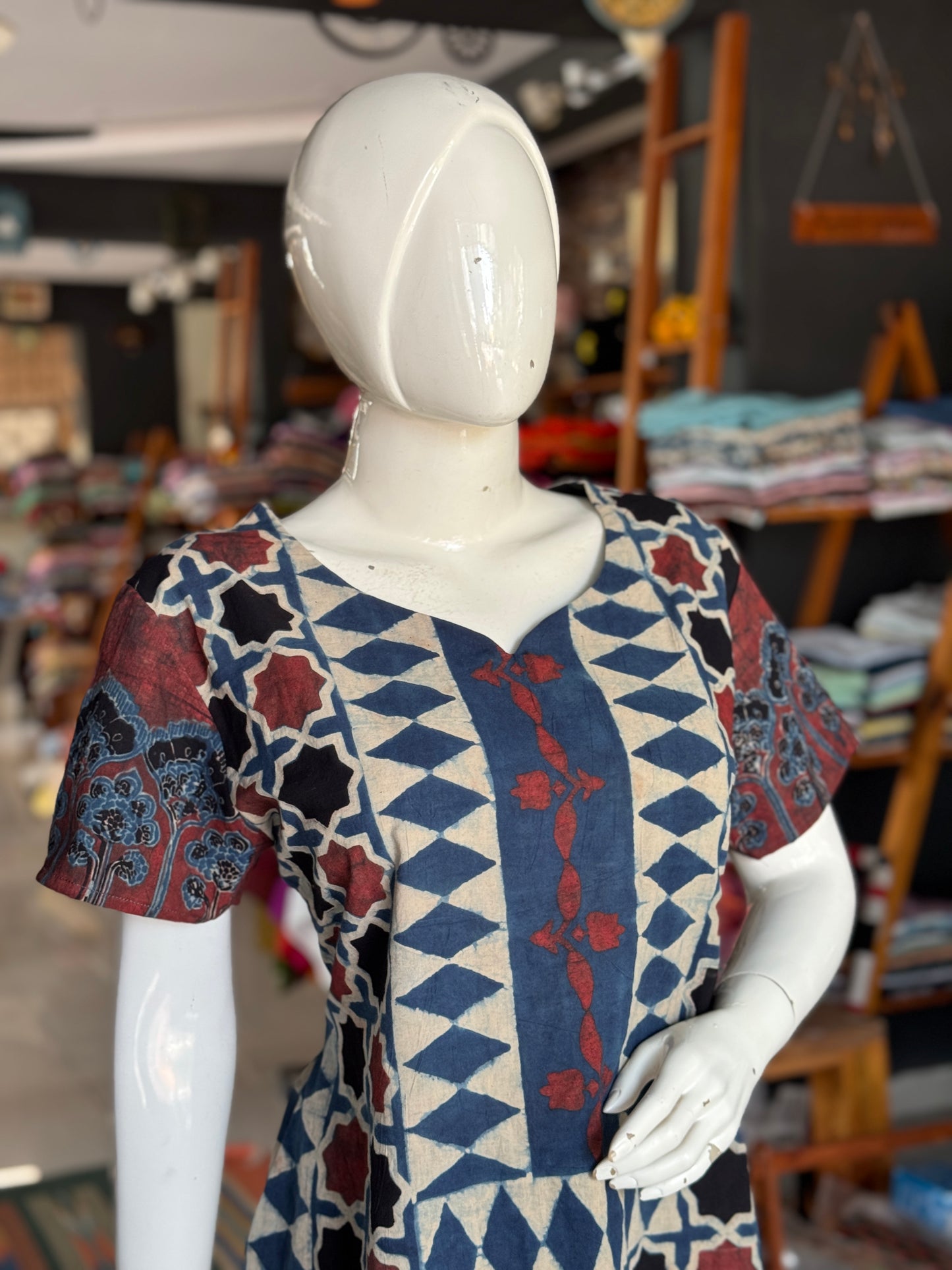 Indigo and maroon Ajrakh hand block printed cotton straight kurti