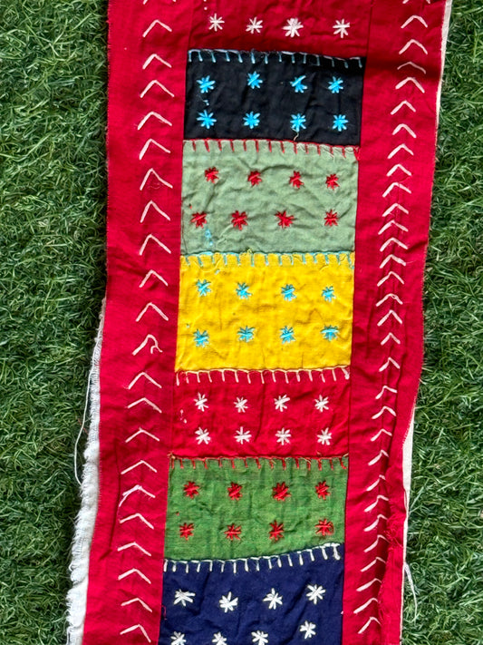 Red cotton border fabric with multi color patch work and hand embroidery