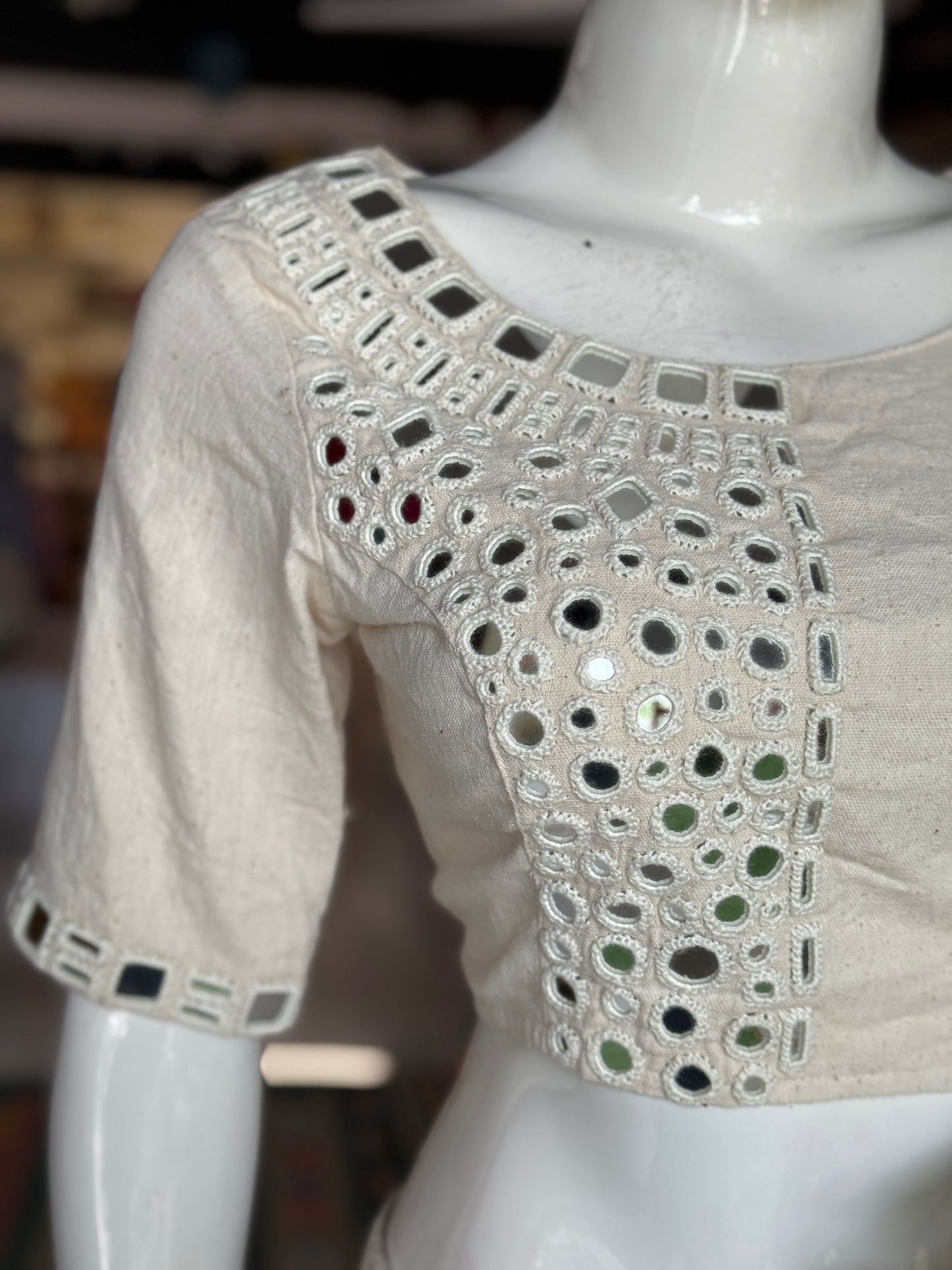 Off white Kala cotton handwoven ready to wear blouse with front half and sleeves mirrors embroidery