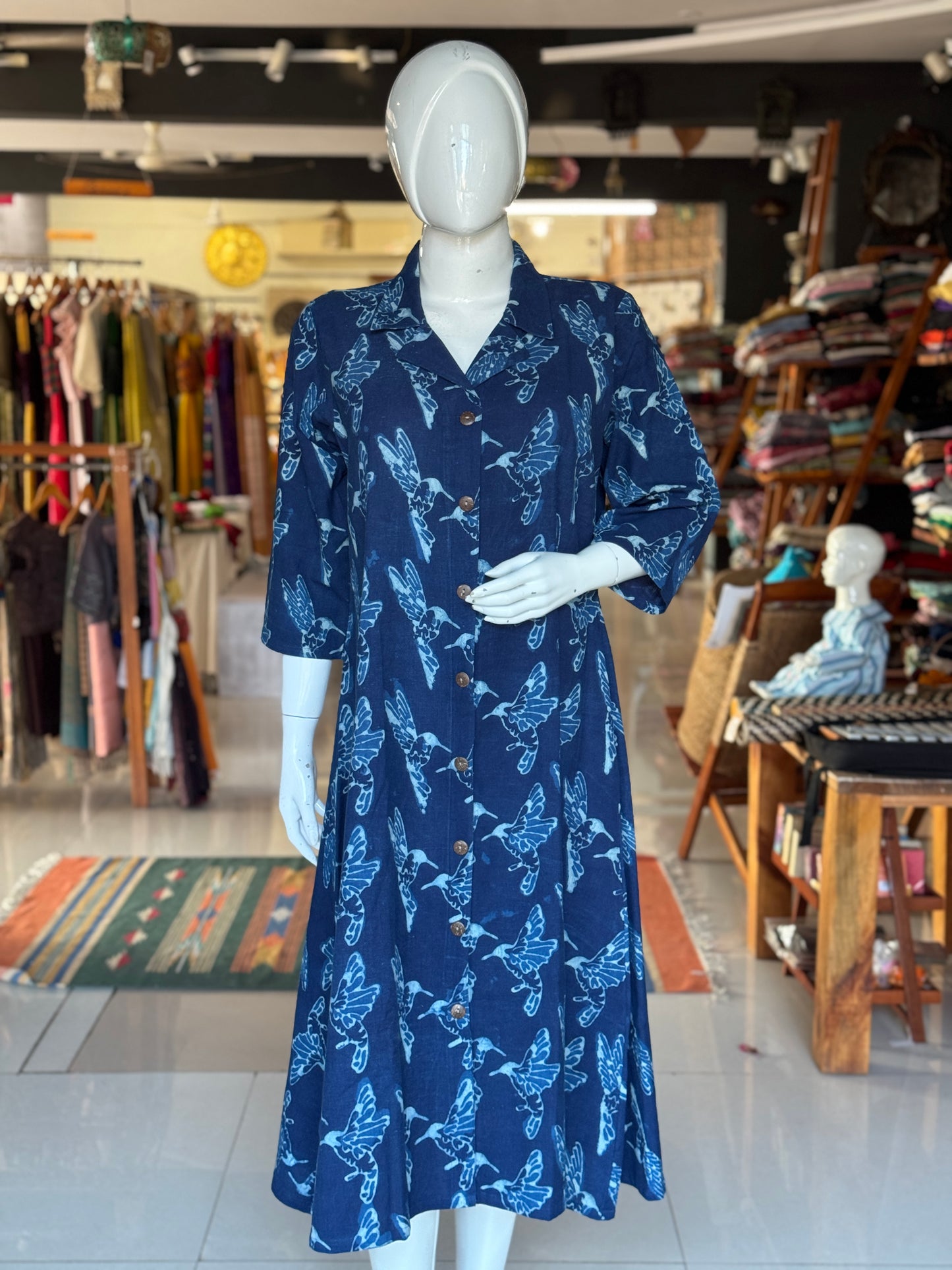 Indigo hand block printed collared dress -  Freedom fabric kurti - Hand spun, hand woven, hand block printed cotton
