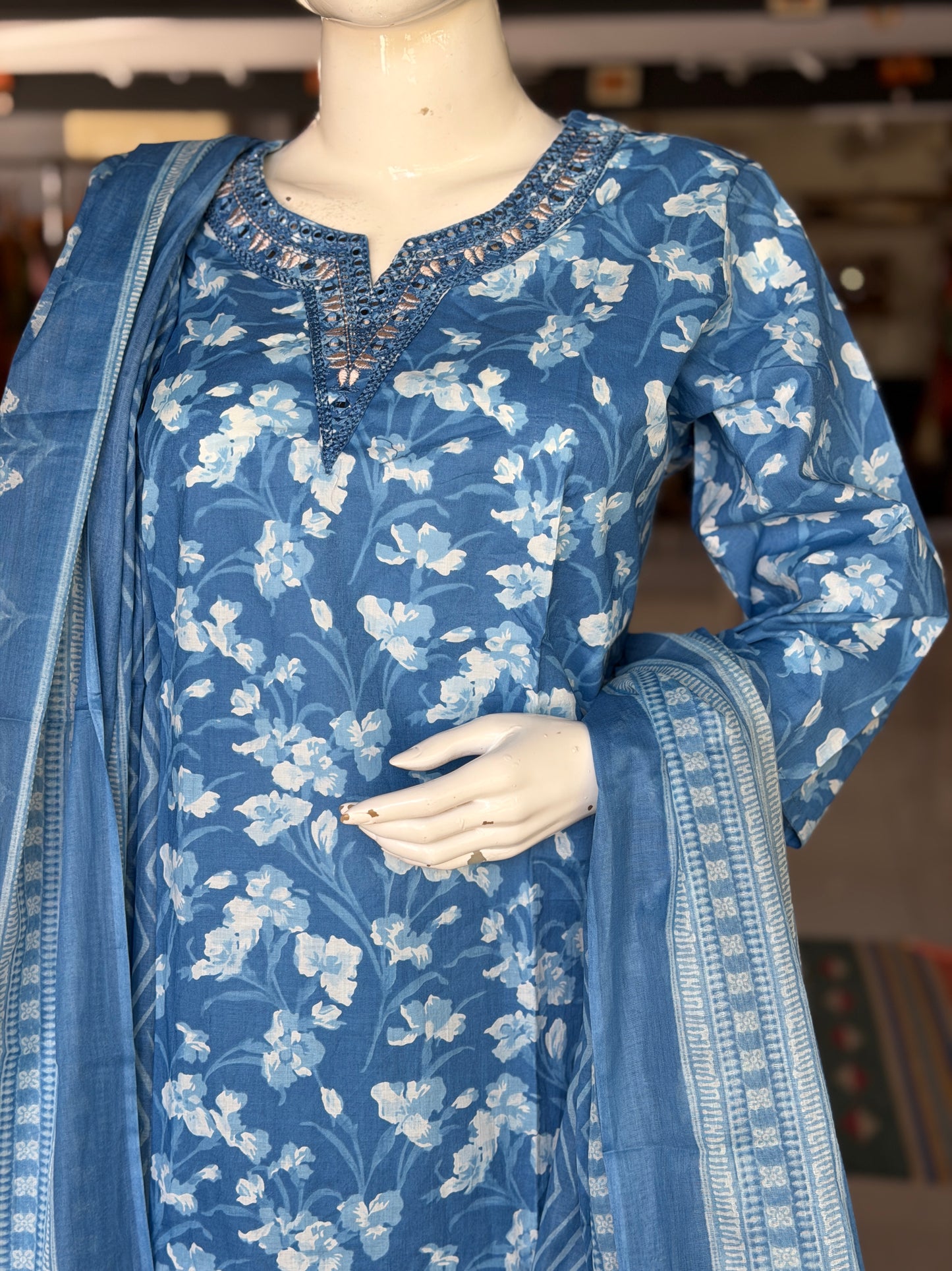 Blue floral plus size cotton embroidered straight kurti, pants and dupatta - 3 piece suit set - multiple sizes available