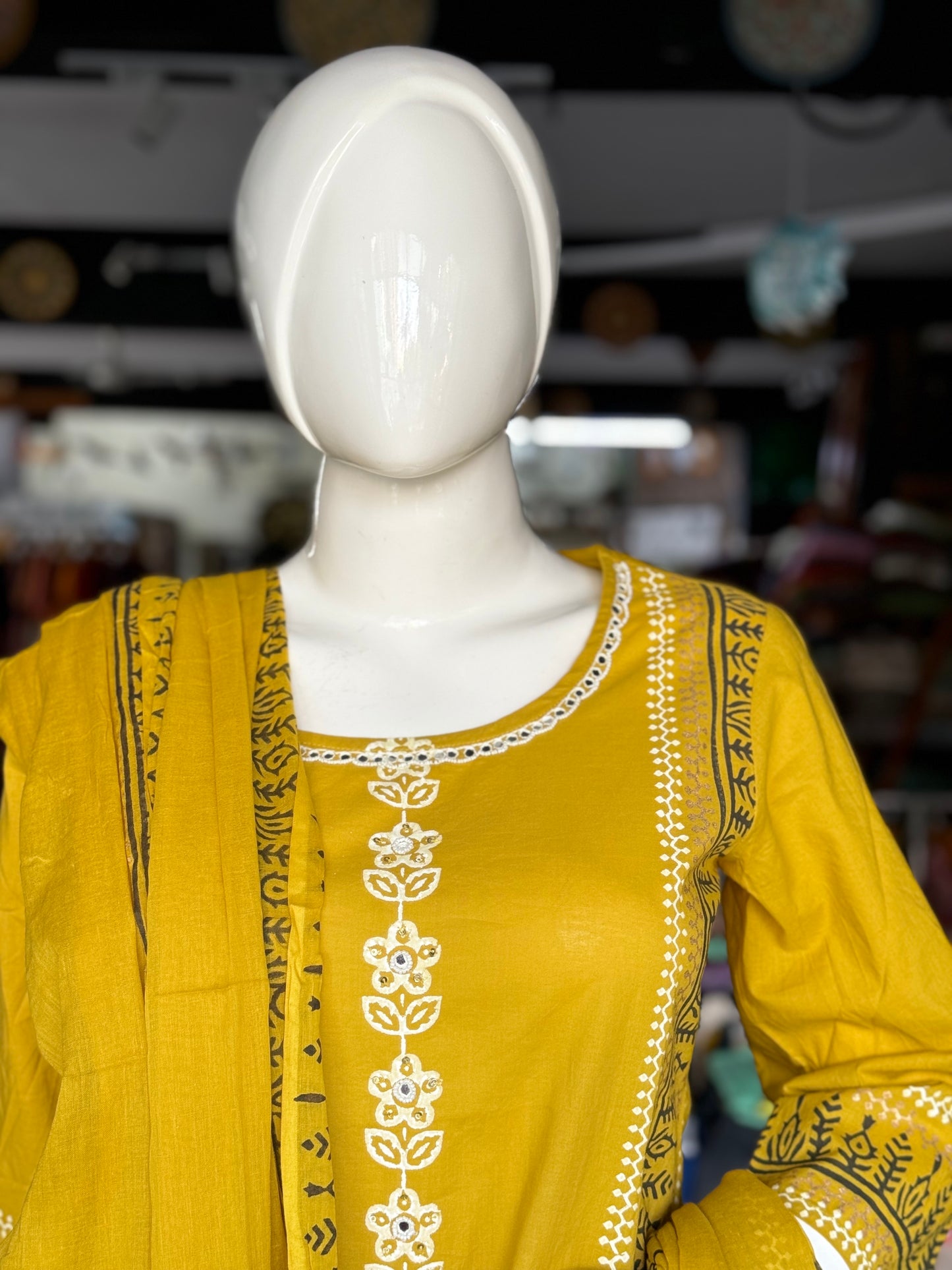 Mustard yellow placement hand block print cotton straight Kurti, pants and dupatta set - with hand work on yoke