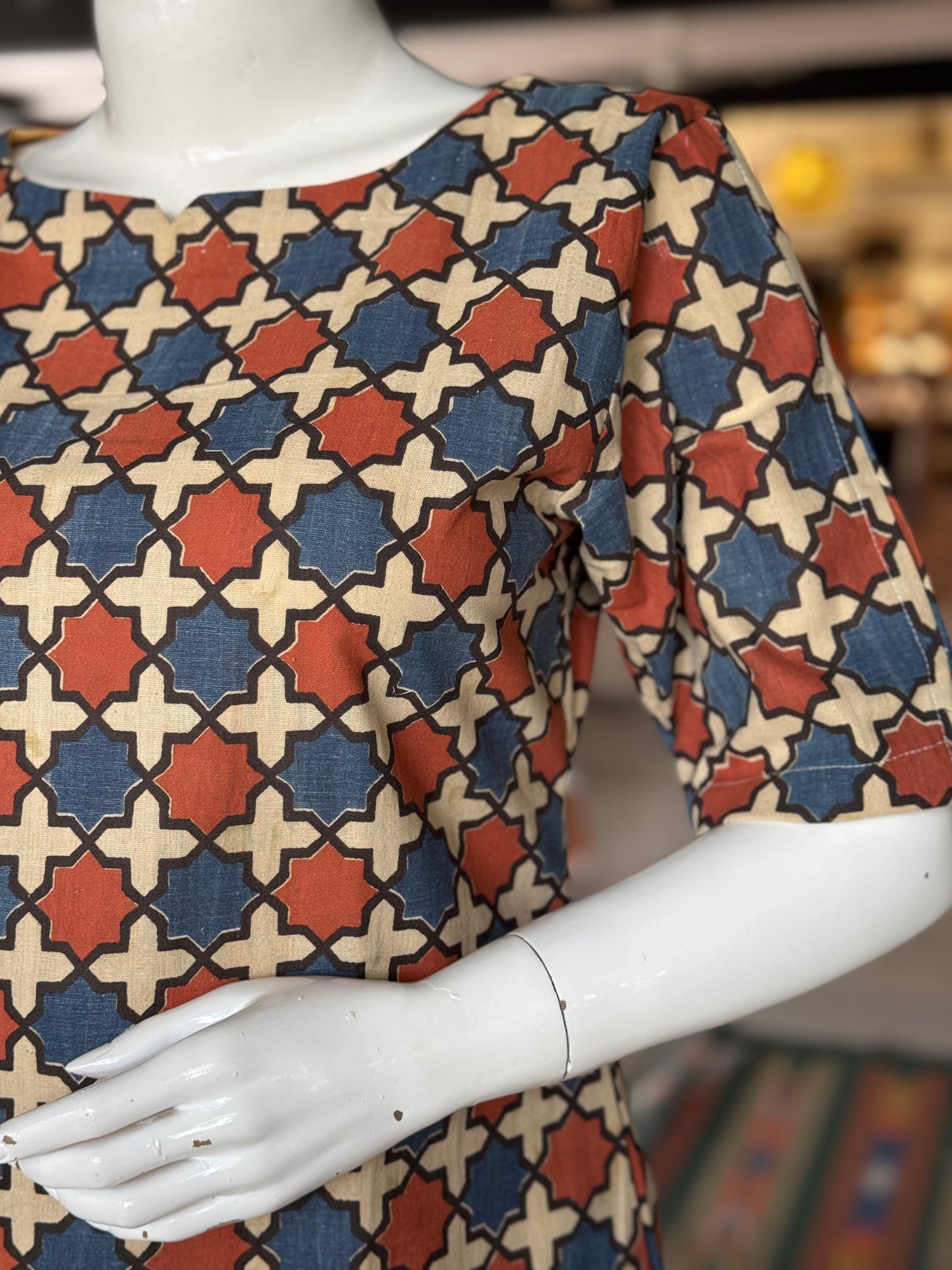 Geometric print hand woven, natural dyed cotton short kurti