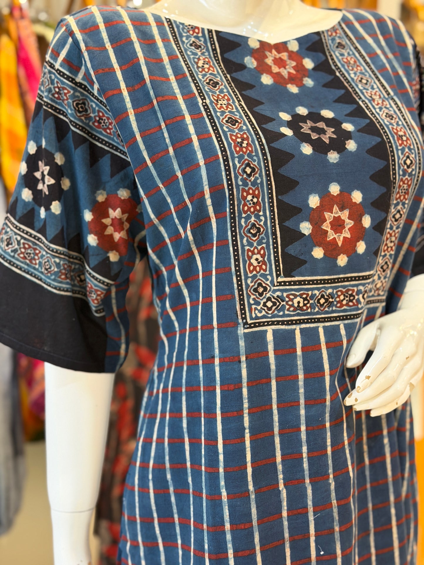 Indigo stripes Ajrakh hand block printed cotton straight kurti