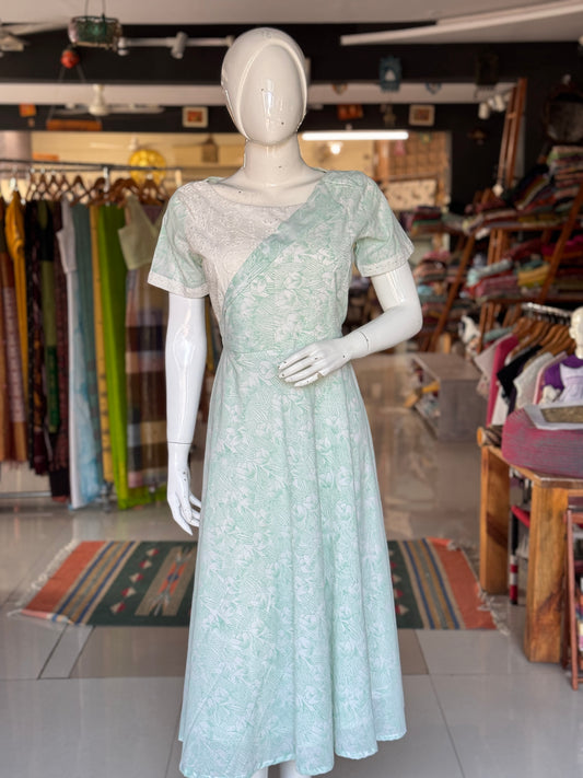 Light green floral hand block printed cotton dress with hakoba yoke
