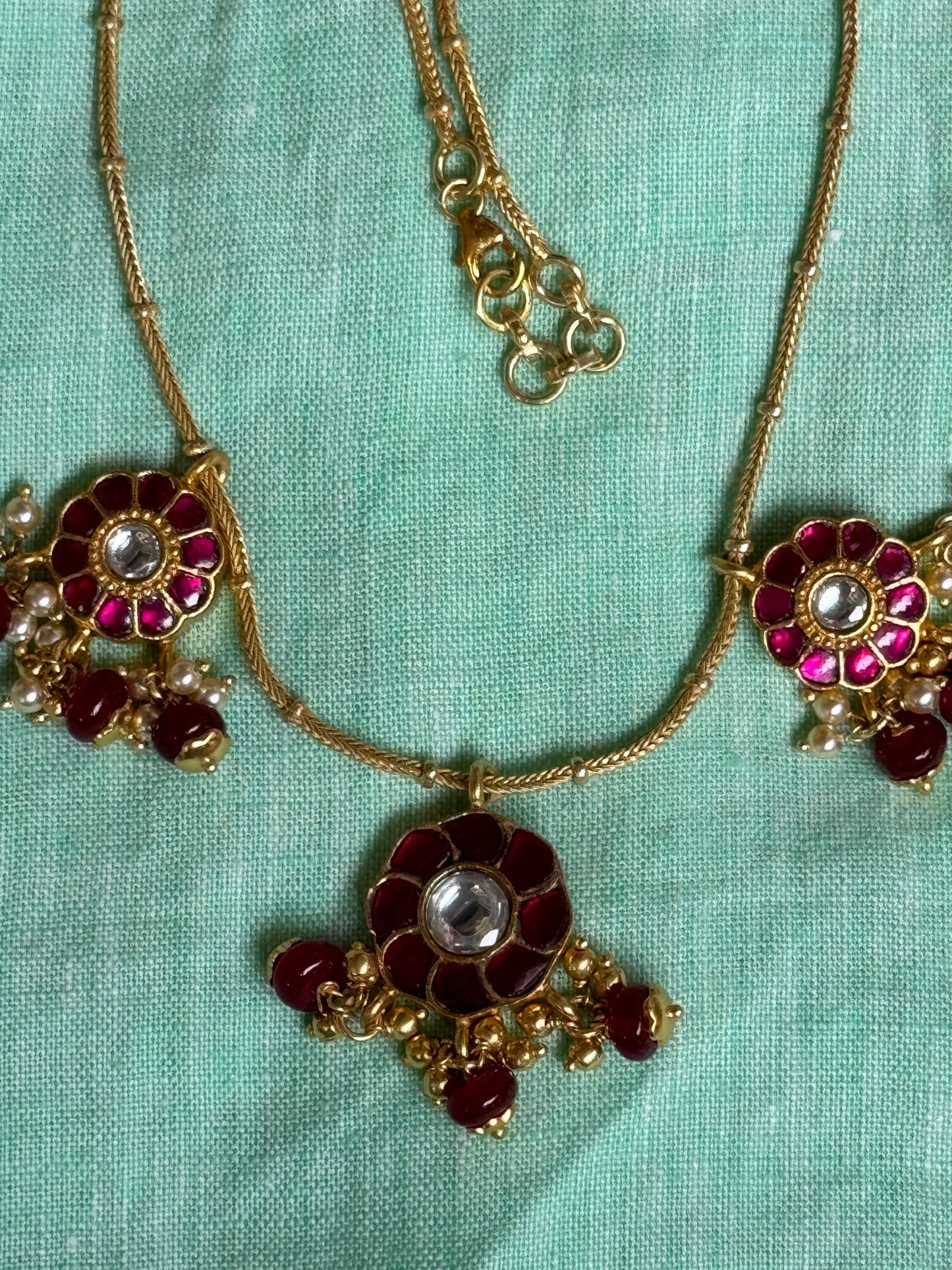 Pink kundan drops - gold polish 925 sterling silver necklace