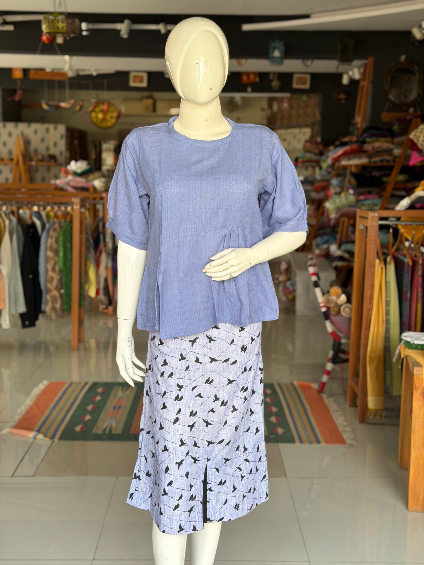 Lavender birds print cotton a-line skirt