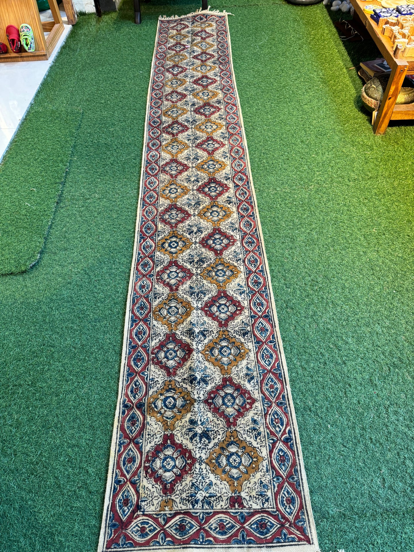 1.5 x 10 feet cotton Kalamkari hand block printed runner carpet / durrie