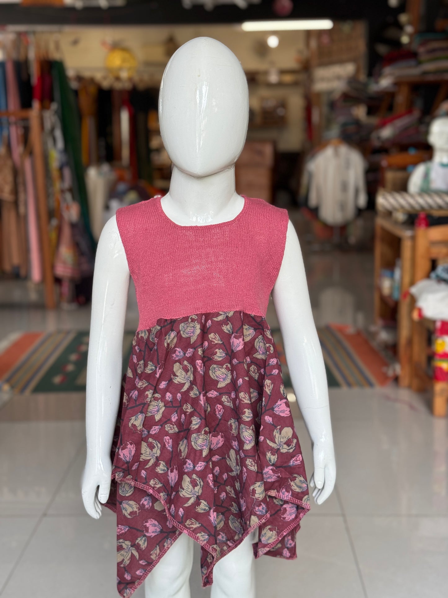 Crochet hand work yoke with hand block printed kerchief cut soft cotton frock