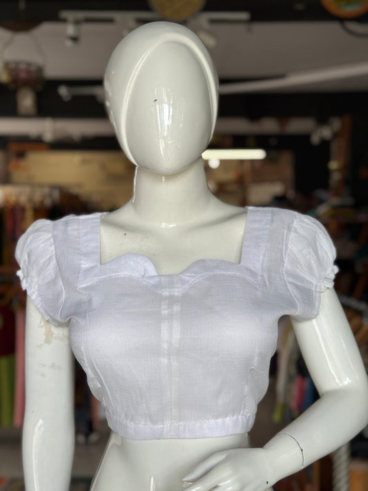 White kota cotton back open blouse with puff sleeves