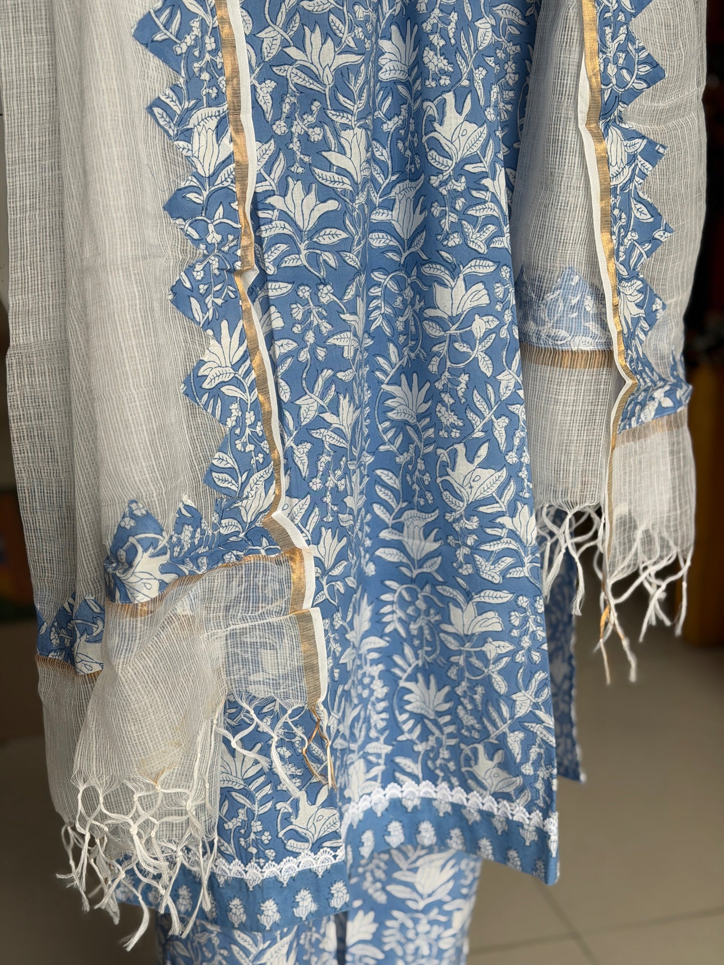 Blue floral hand block print flared kurti, pants and dupatta - 3 piece set with kota patch with dupatta