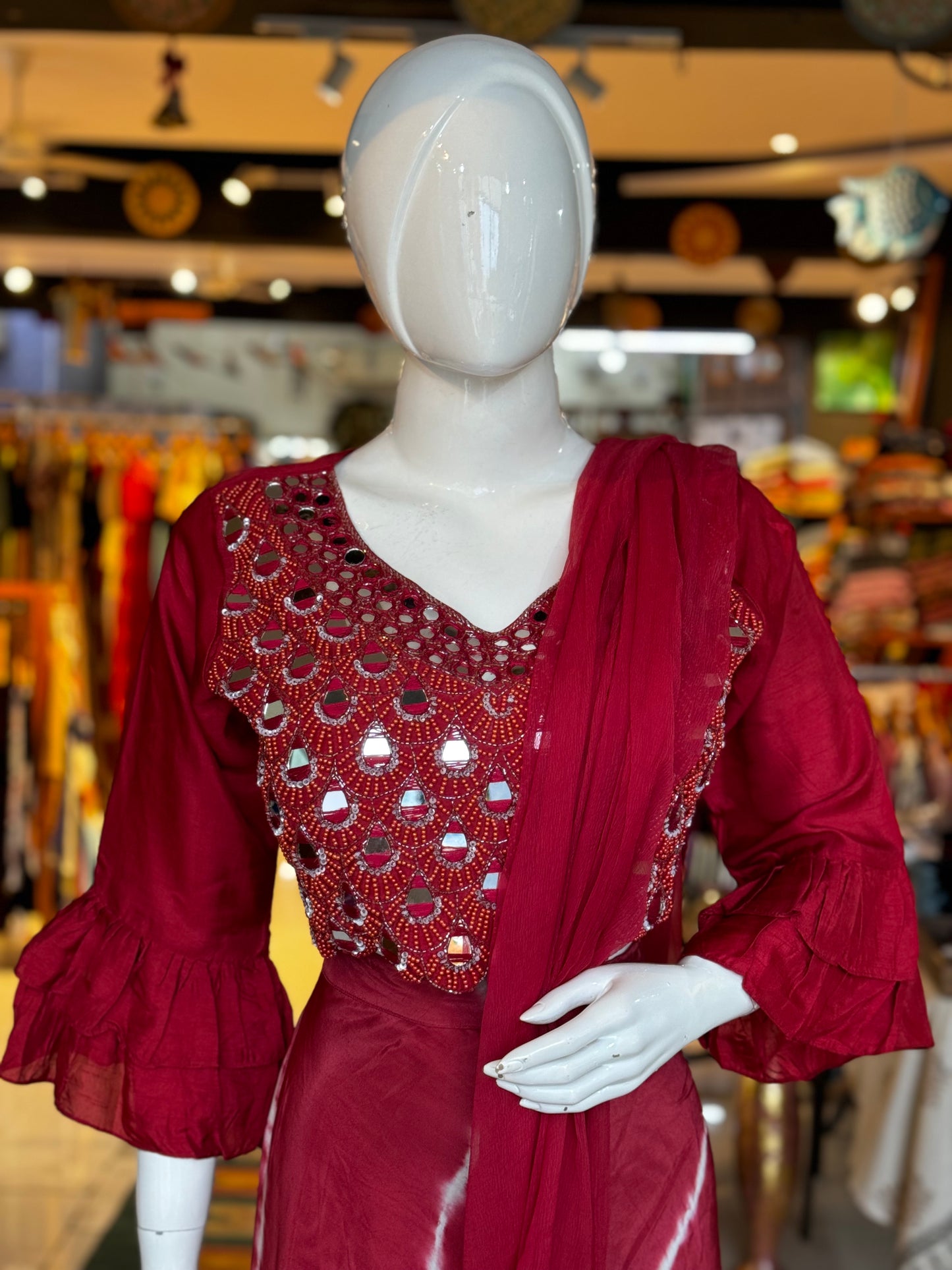 Maroon lehariya print lehenga, mirror embroidered crop top and dupatta - 3 piece set