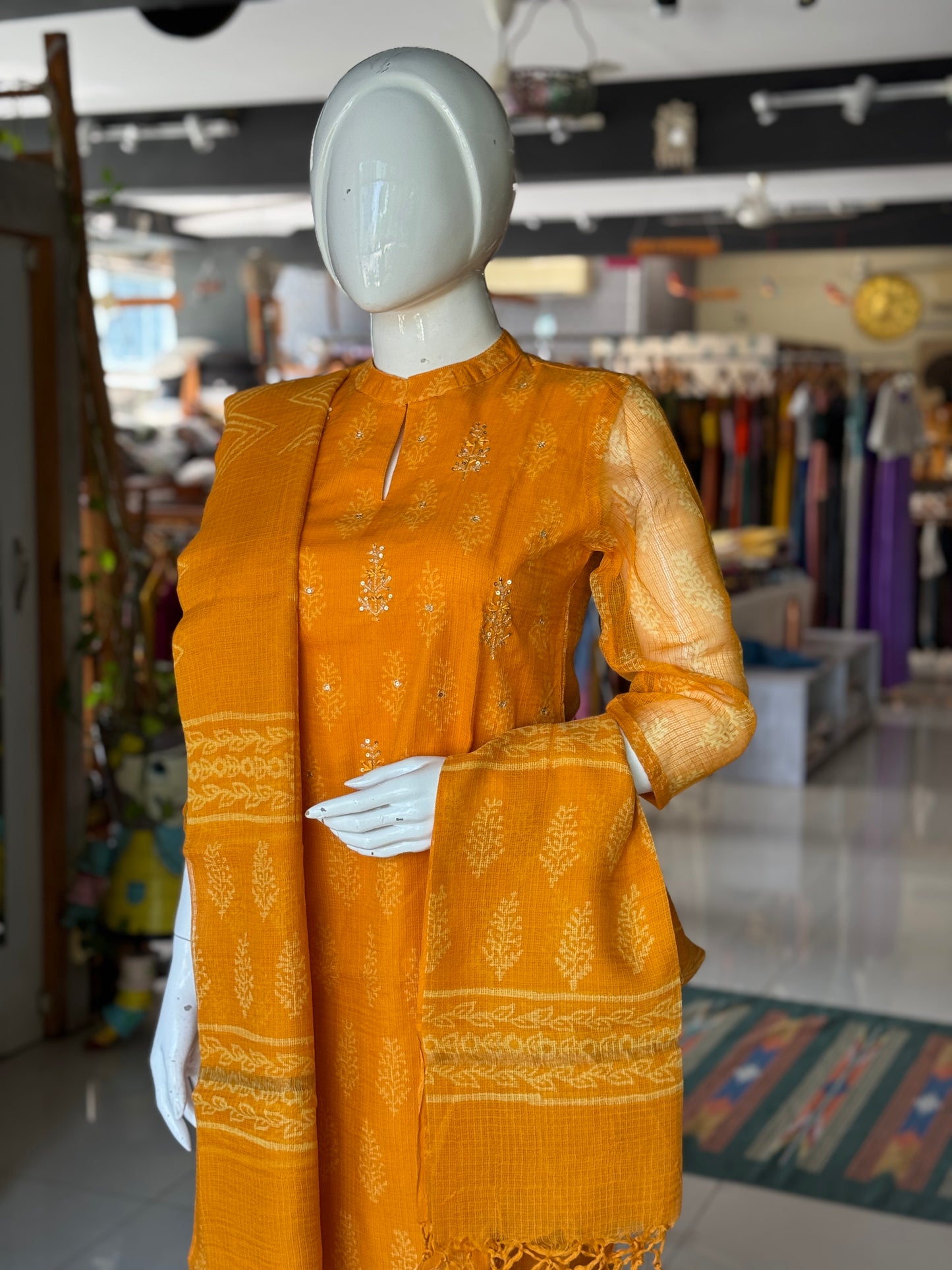 Mango yellow hand block printed kota cotton straight kurti, pants and dupatta set - with hand embroidery