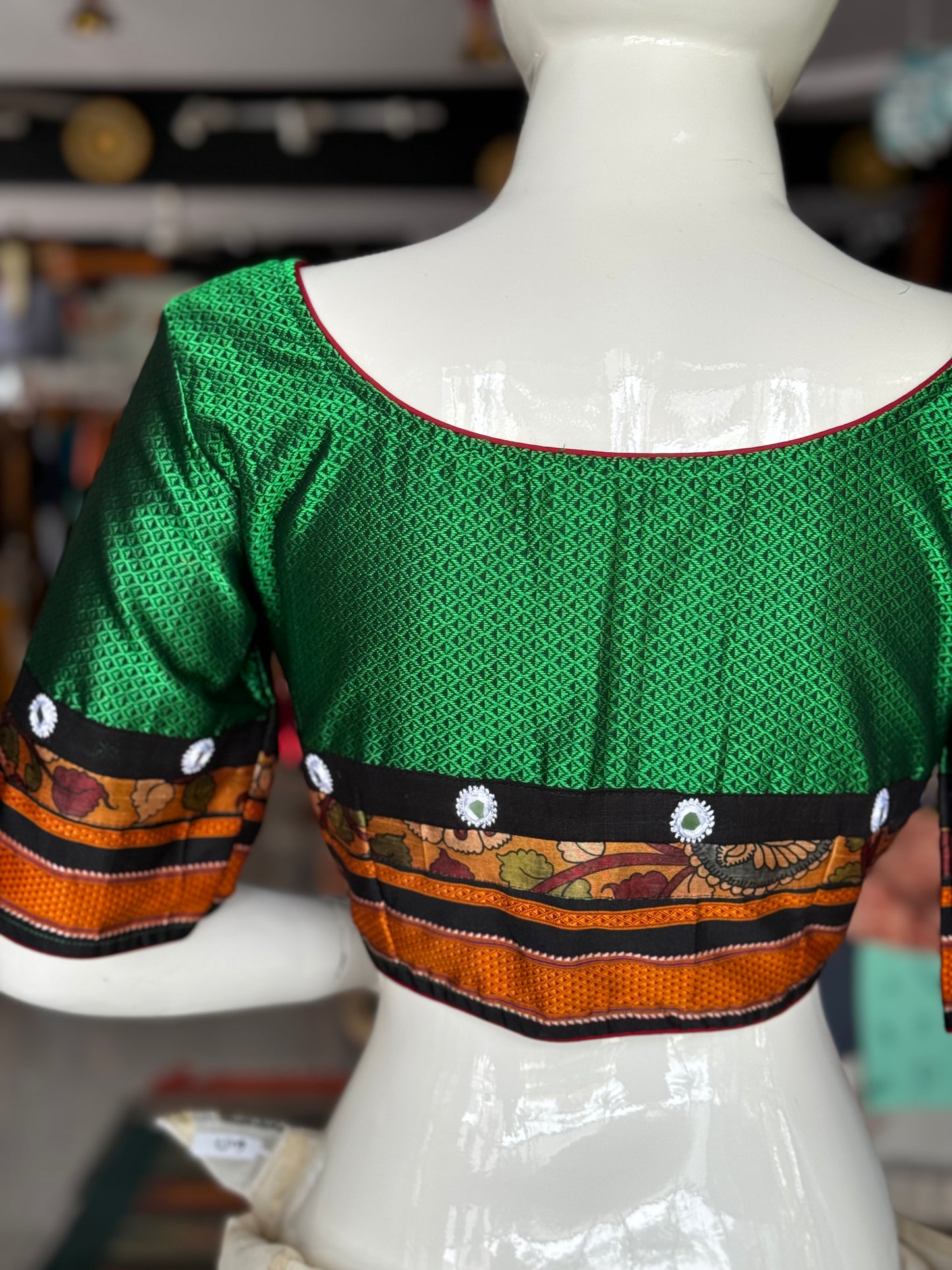 Green Khun blouse with mirror work