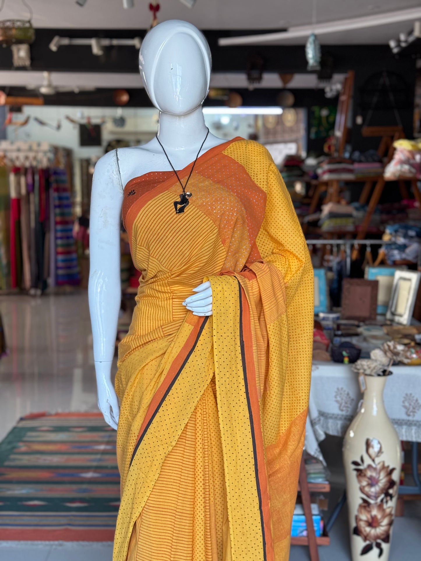 Yellow orange polka dots and stripes cotton hand spun, hand woven, hand block printed saree