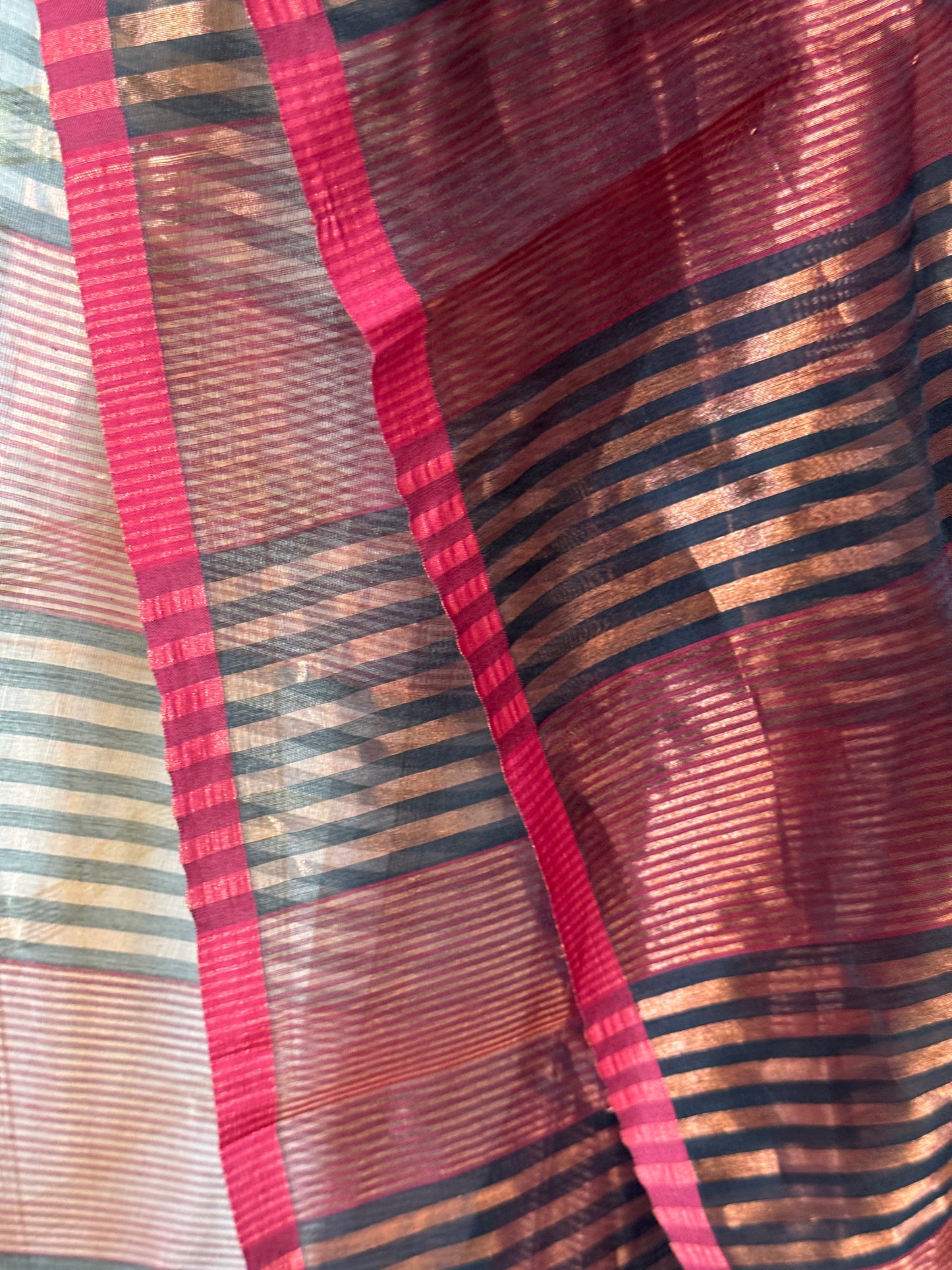 Maroon, black and gold stripes handloom silk cotton dupatta - copper zari