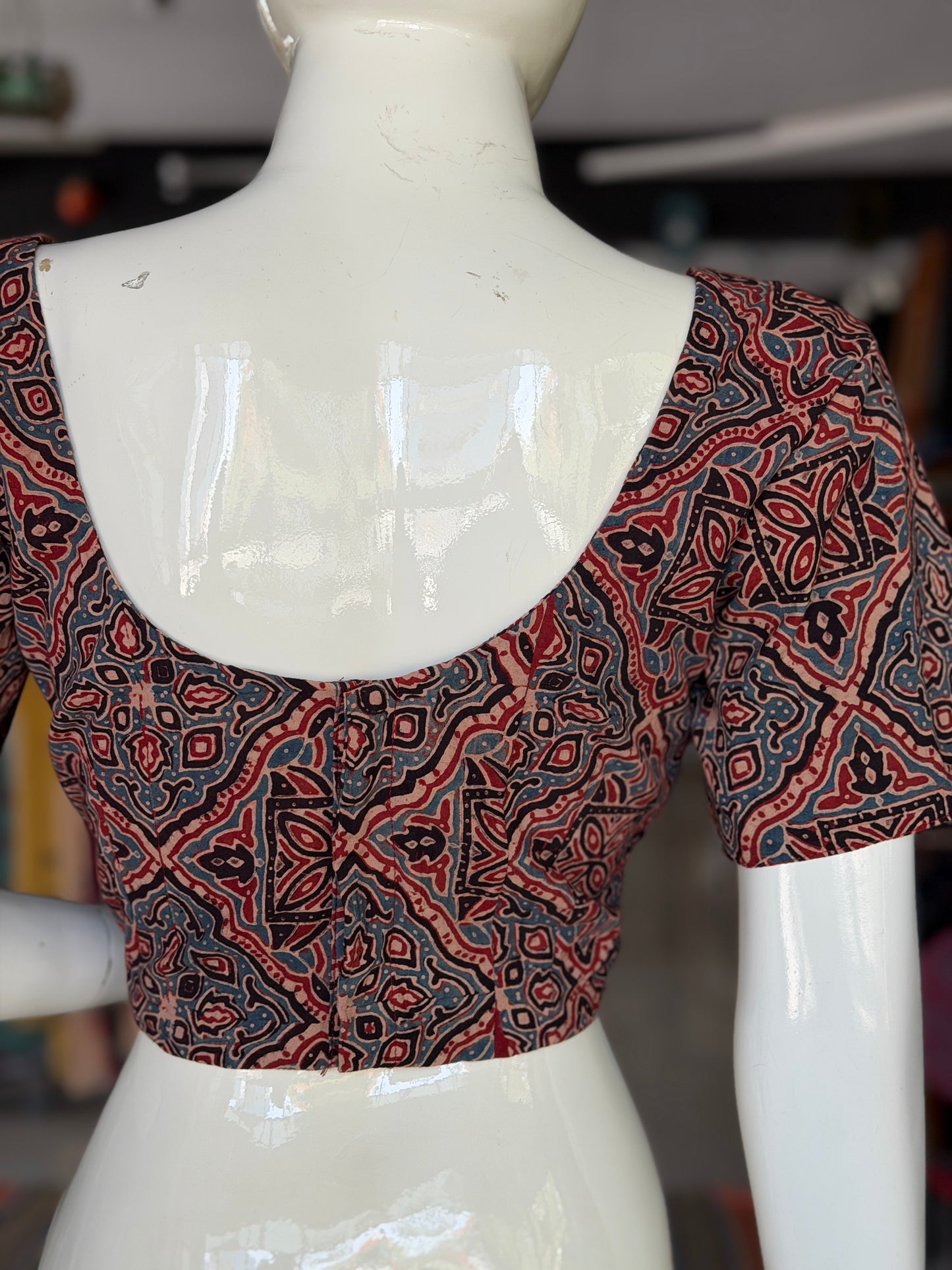 Maroon and Indigo Ajrakh handblock printed, natural dyed cotton back open blouse