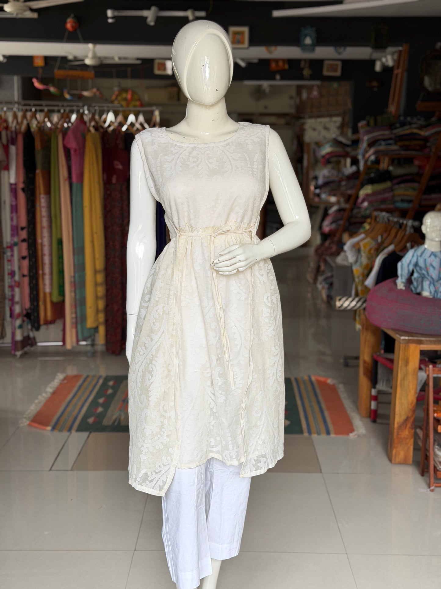Off white banaras cotton cut work side ties dress / Kurti