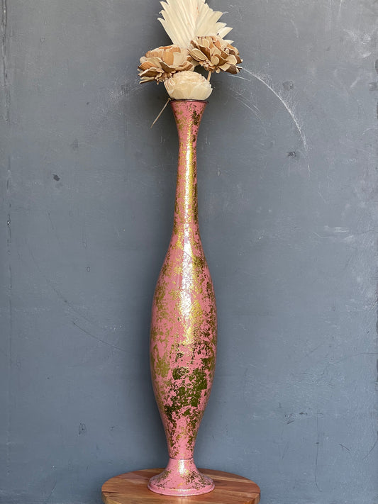 Pink 2.5 ft (30 inches) long and slender metal vase with gold print