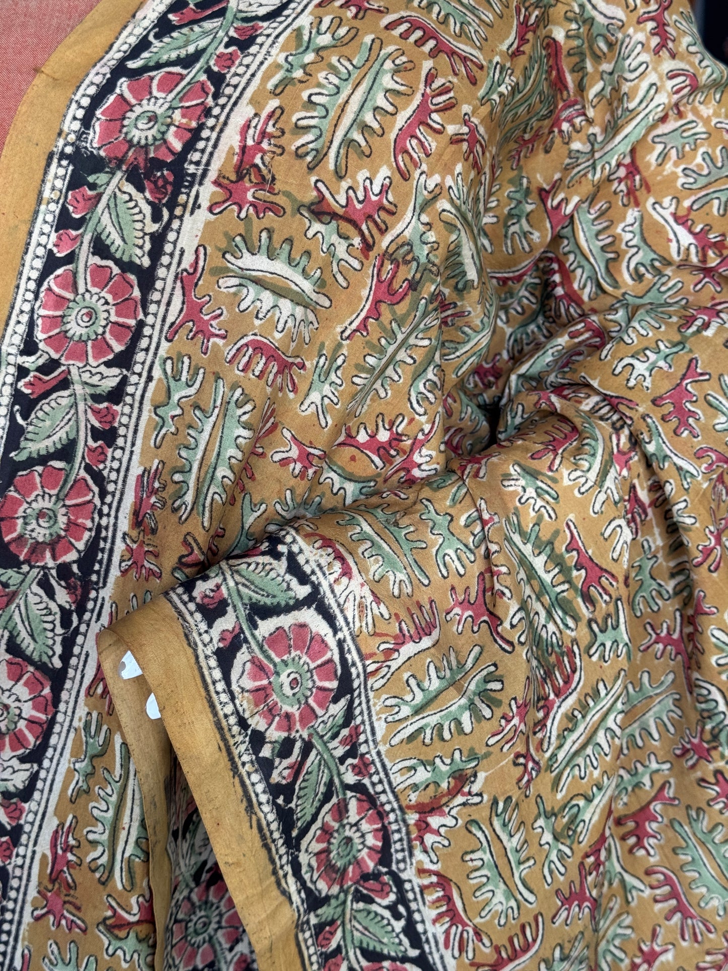 Mustard with leaves design  Kalamkari handpainted on silk dupatta