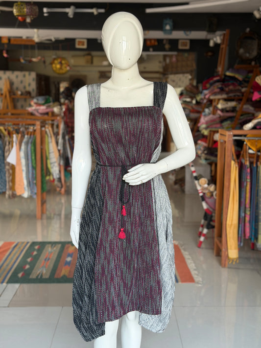 Grey and black panels kantha look cotton hand spun, hand woven playful strappy dress with pockets