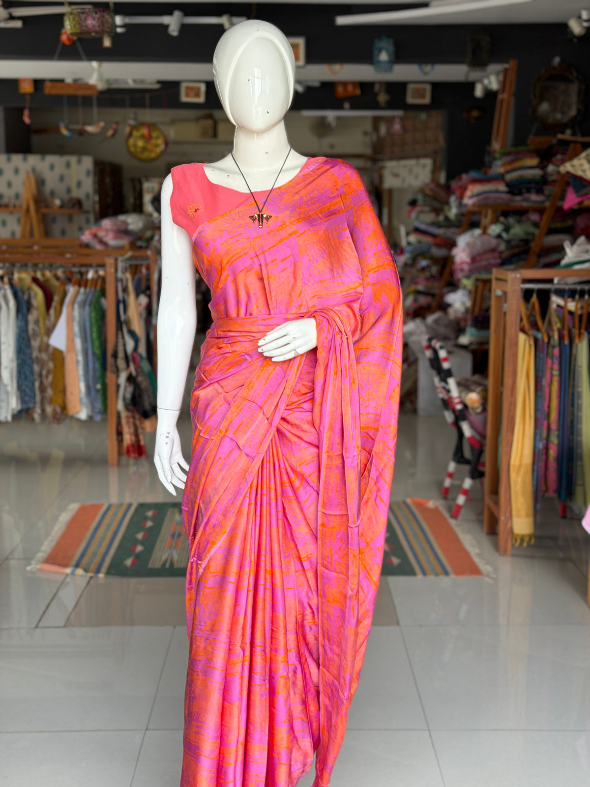 Purple orange batik hand block soft modal yardage saree / fabric - handcrafted