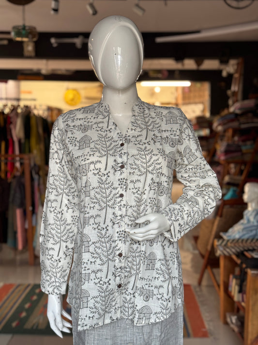 White, village theme print Chinese collared top with V-neckline - hand block printed, Hand spun, hand woven cotton