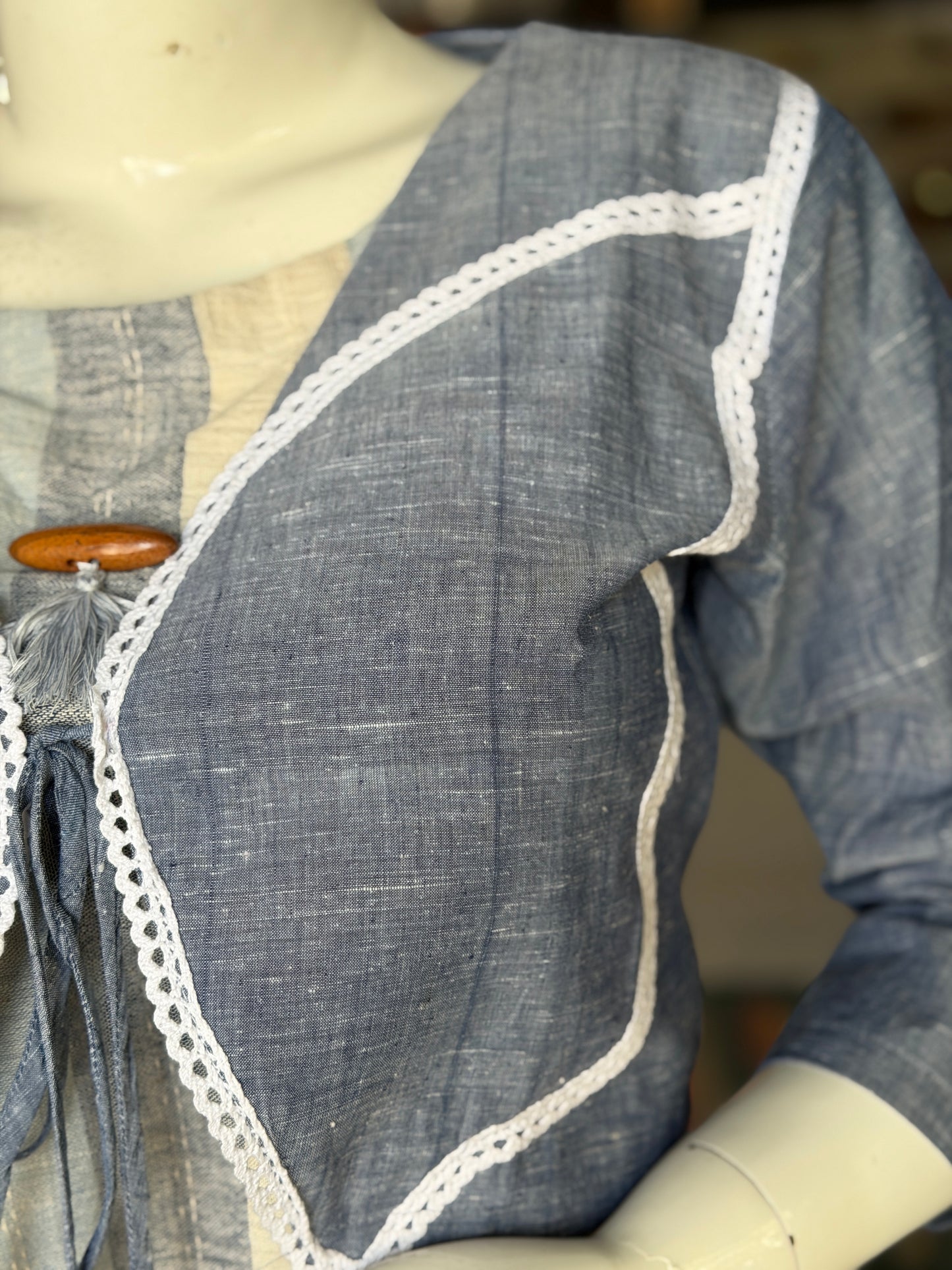 Indigo Blue handwoven cotton tie front butterfly design short shrug / jacket
