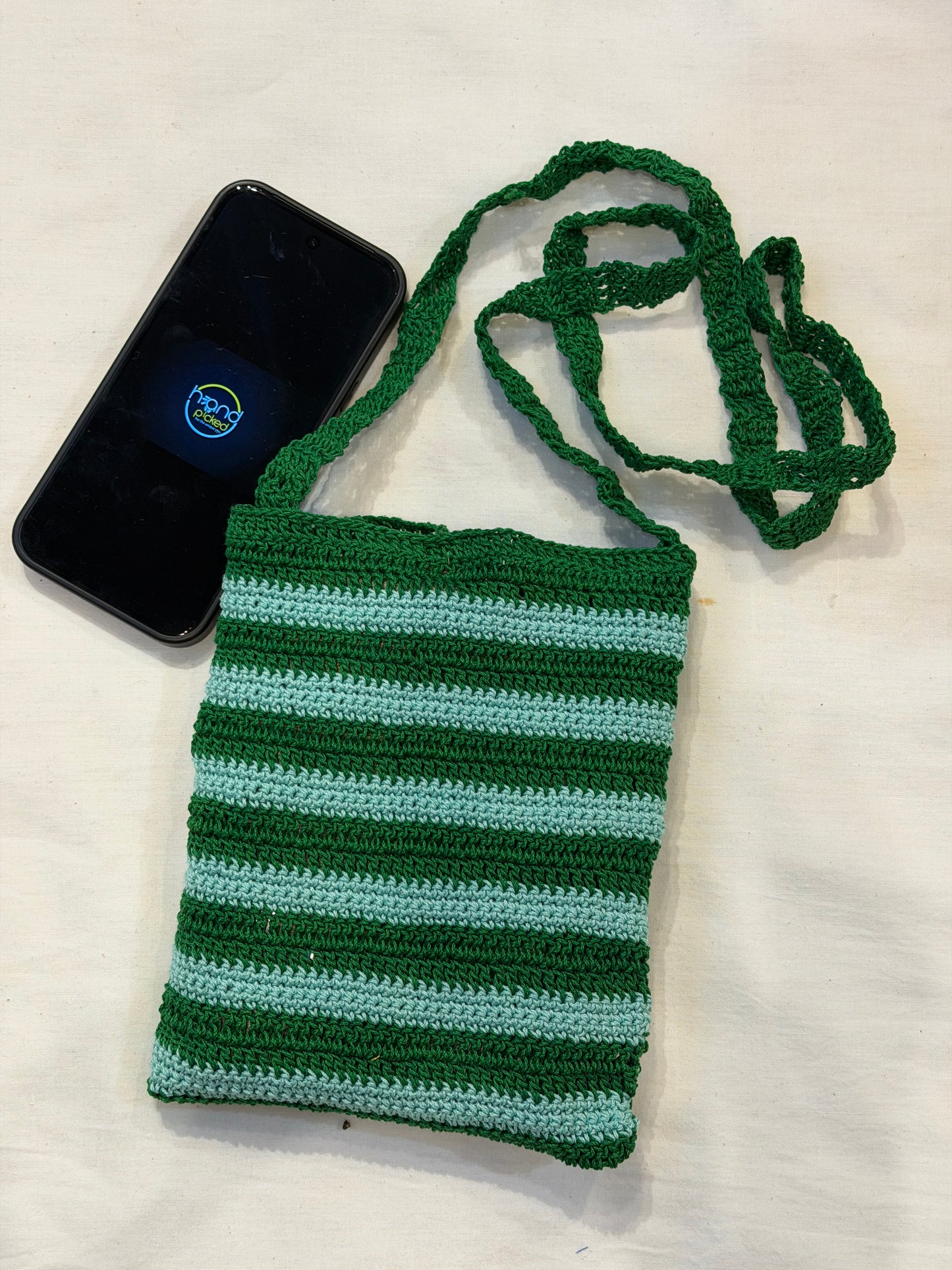 Sling bag for mobile phones - handcrafted crochet bag with click button closure - color options available