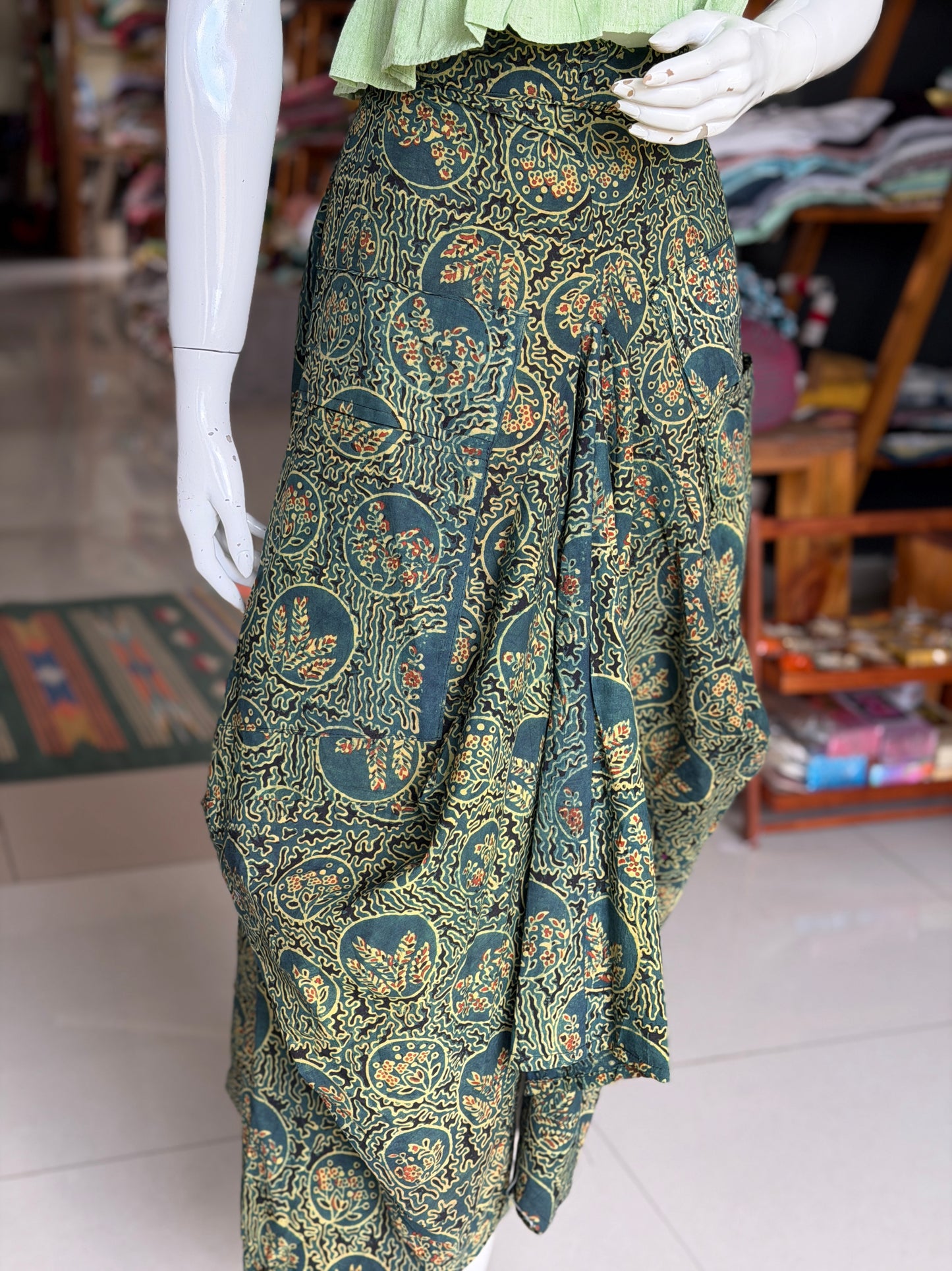 Green flowers Ajrakh natural dyed, hand block printed cotton designer skirt - with pockets