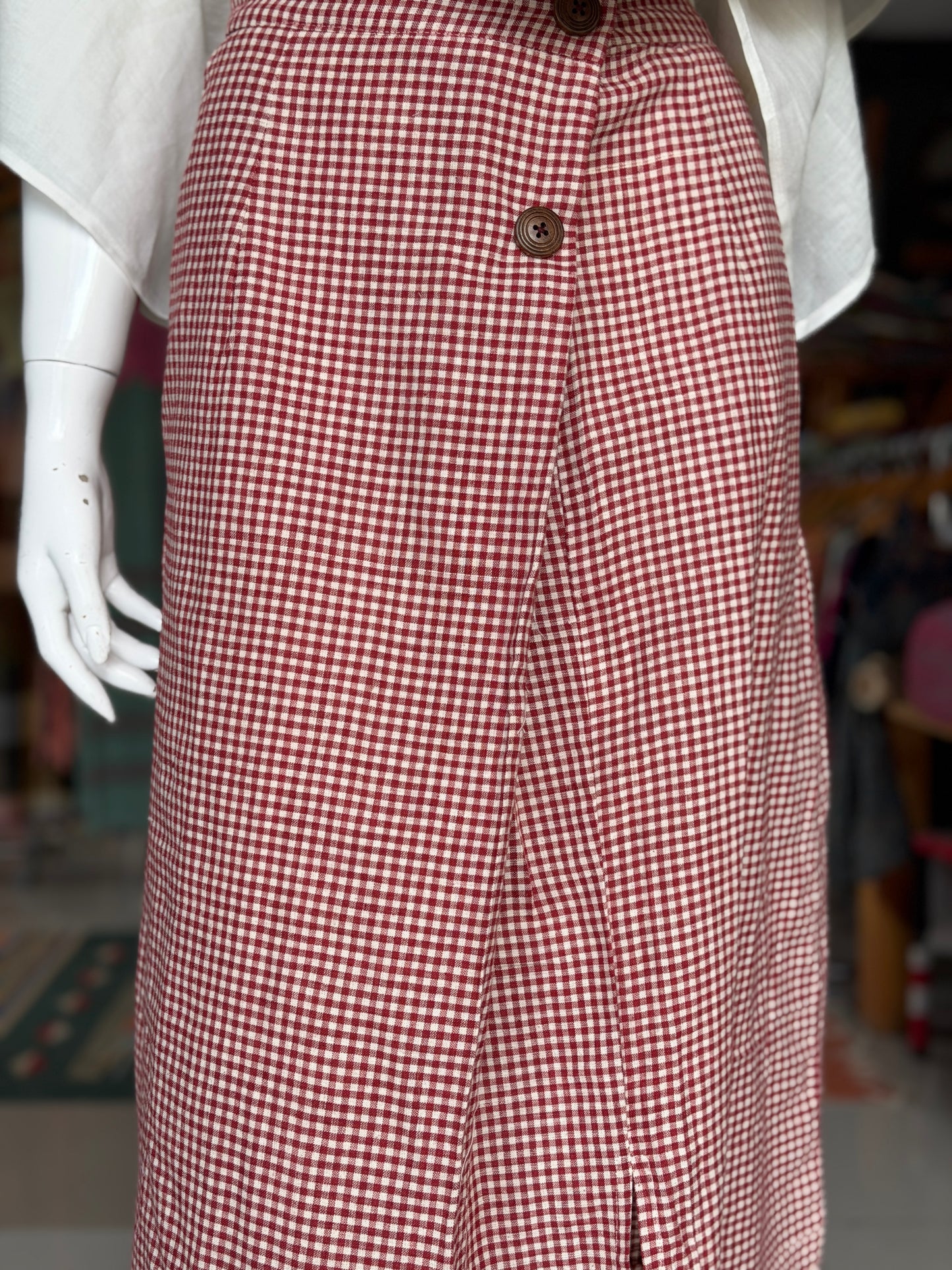 Red and white checks hand spun, hand woven, natural dyed cotton skirt with natural wooden buttons