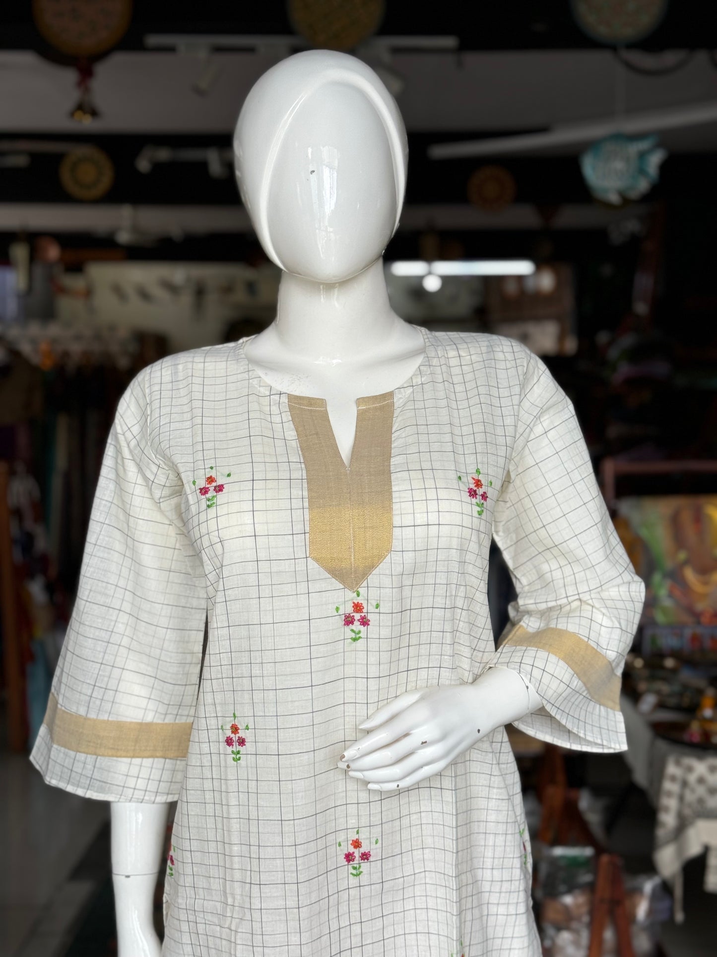 Off white checks hand embroidered flowers cotton kurta