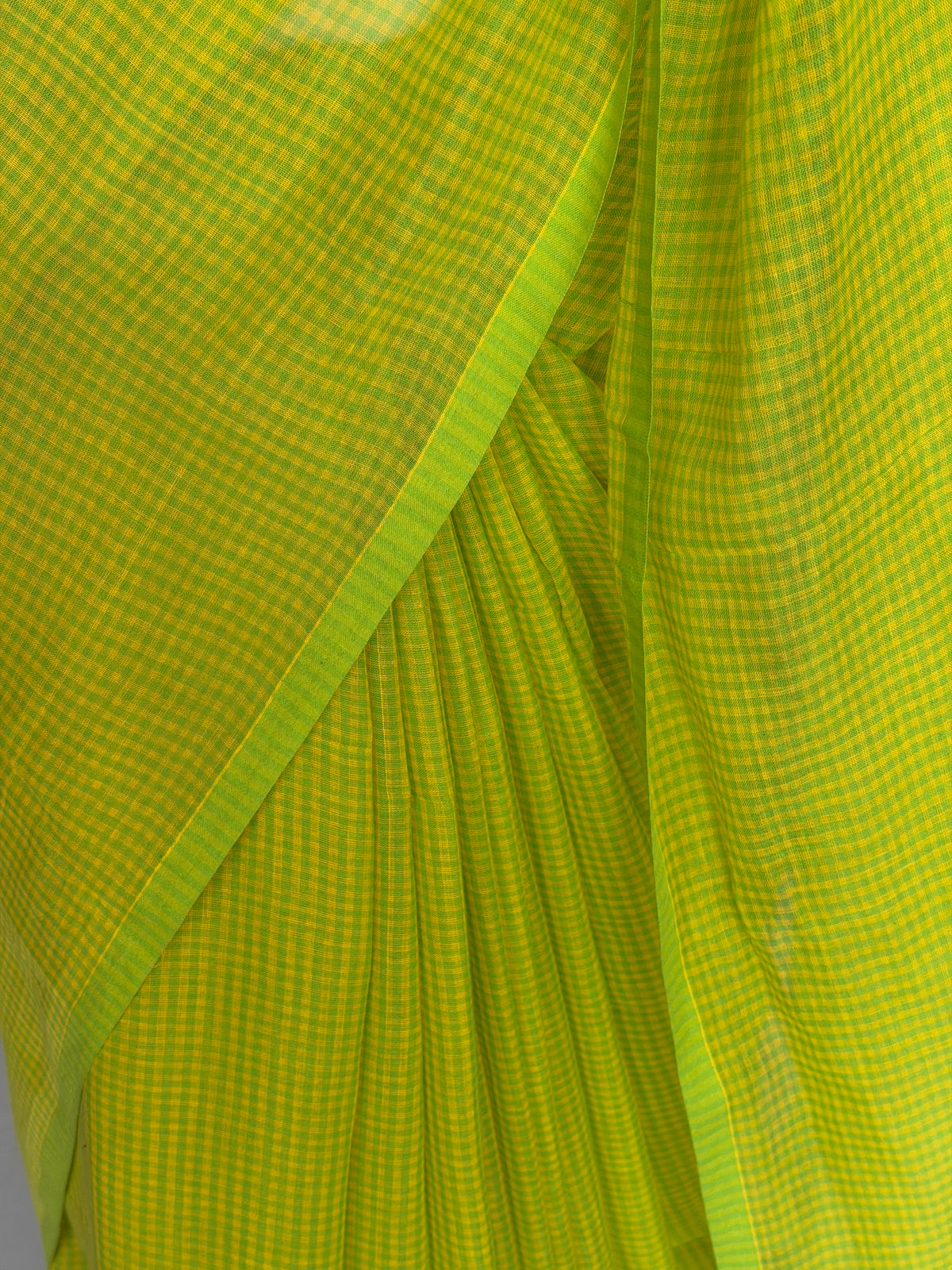 Lime n lemony yellow green soft handwoven mul cotton fine checks saree