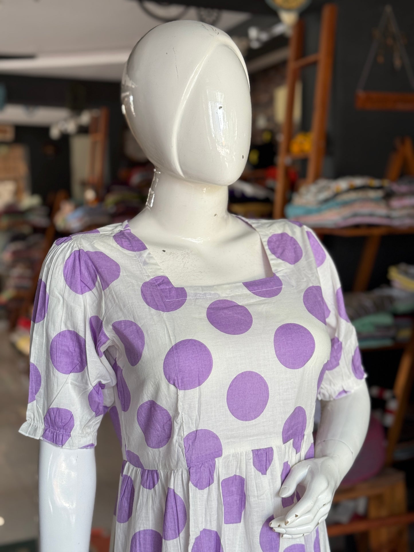 Lavender circles on white base cotton tiered dress with elastic sleeves - square neck