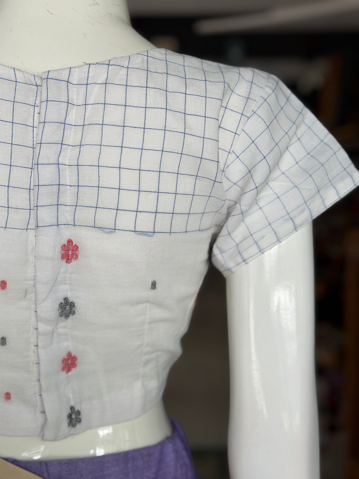 White n blue checks hand woven cotton Jamdani blouse with short sleeves