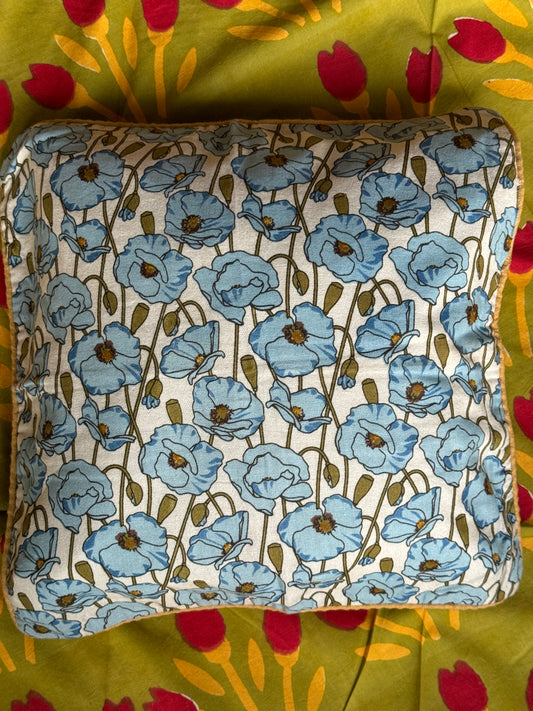 Blue floral hand block printed 16x16 inch cotton cushion cover with beige back